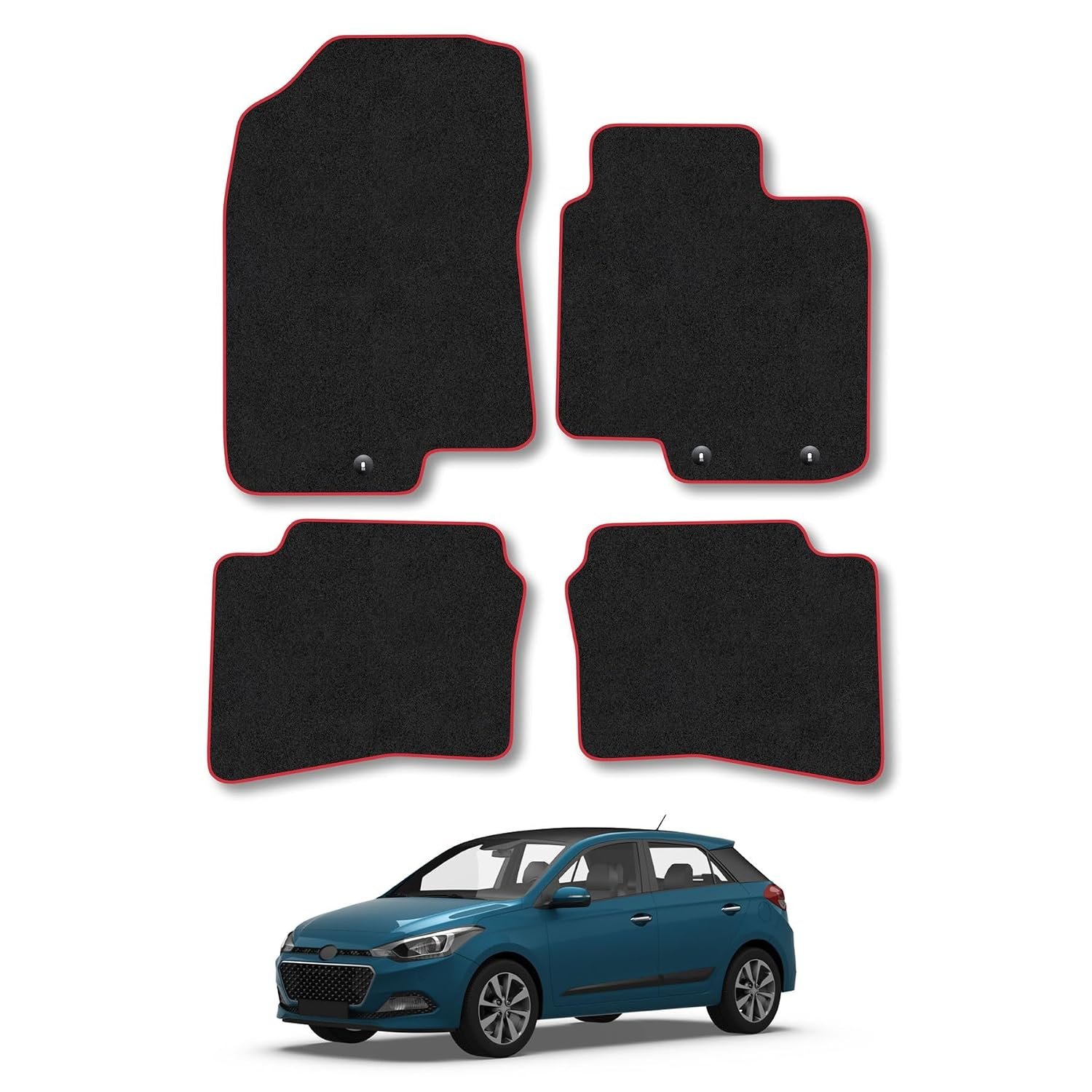 Hyundai i20 (2015-2020) Press stud floor fixing Car Mats Tailored Fit Carpet Floor Mats Non Slip Red Trim Full Coverage Compatible Accessory Front Rear Set Anti Slip Granulated Backing Hand-Finished