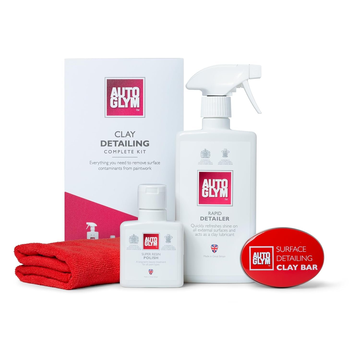 Autoglym Clay Detailing Complete Kit - Premium Car Care Kit Includes Rapid Detailer, Super Resin Polish, Premium Clay Bar, Hi-Tech Finishing Cloth