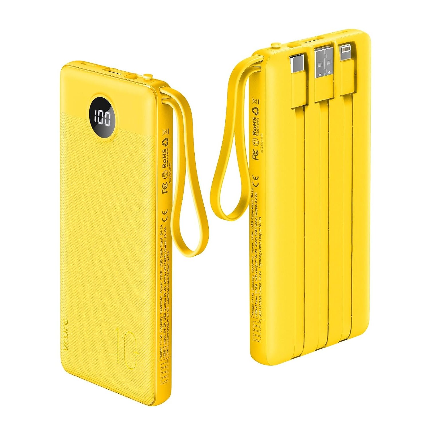 VRURC 10000mAh Power Bank With Built in Cables,USB C Battery Pack Portable Charger with 5 Outputs 2 Inputs Powerbank LED Display compatible with iPhone 14 13 12 Samsung S21 S20 Xiaomi iPad