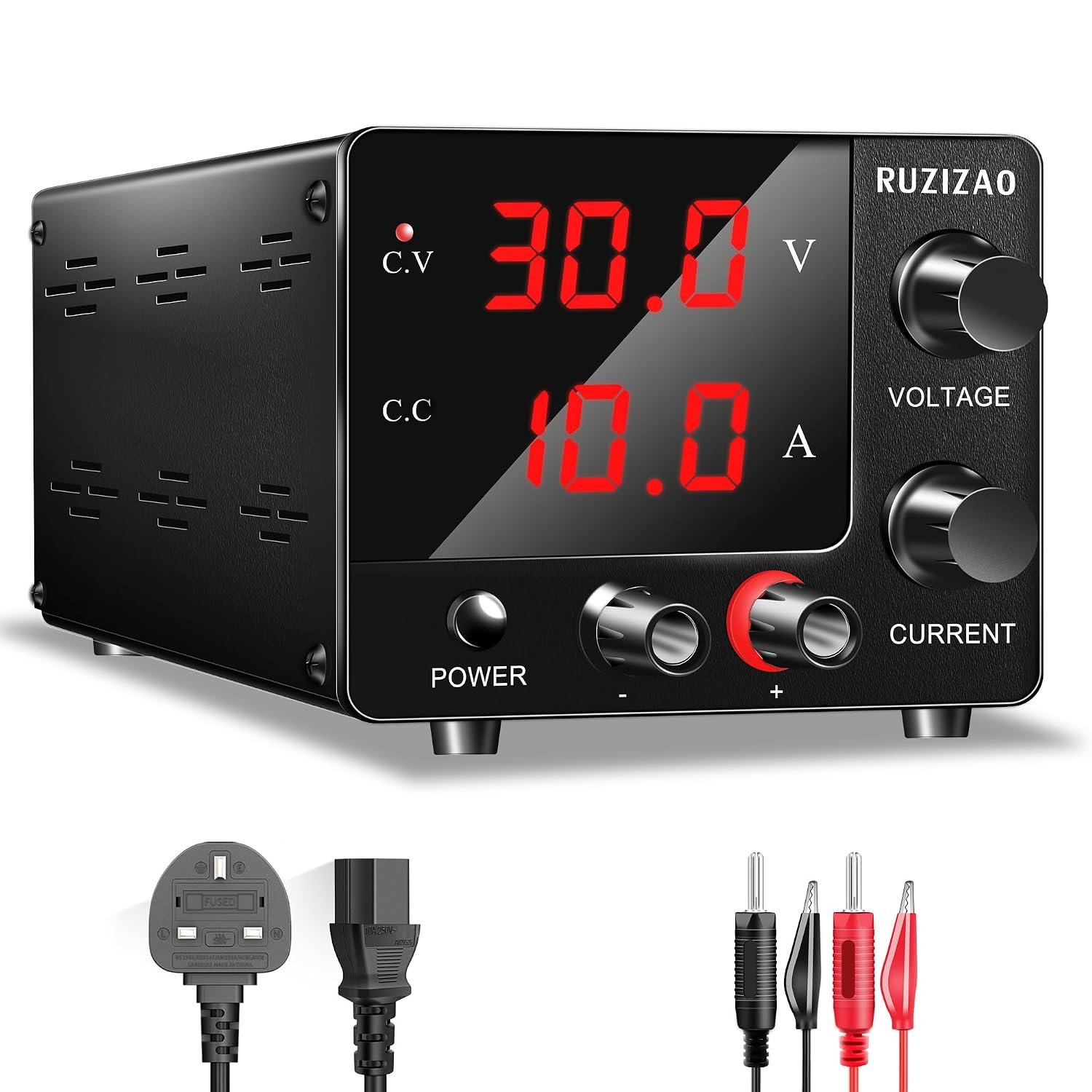 RUZIZAO Bench Power Supply Variable 0~30V 0~10A 150W Fixed, 3-Digits LED Display Current and Voltage Adjustable Encoder DC Industrial Regulated DC Power Supply 15V 10A/30V 5A,Electroplating DIY etc.