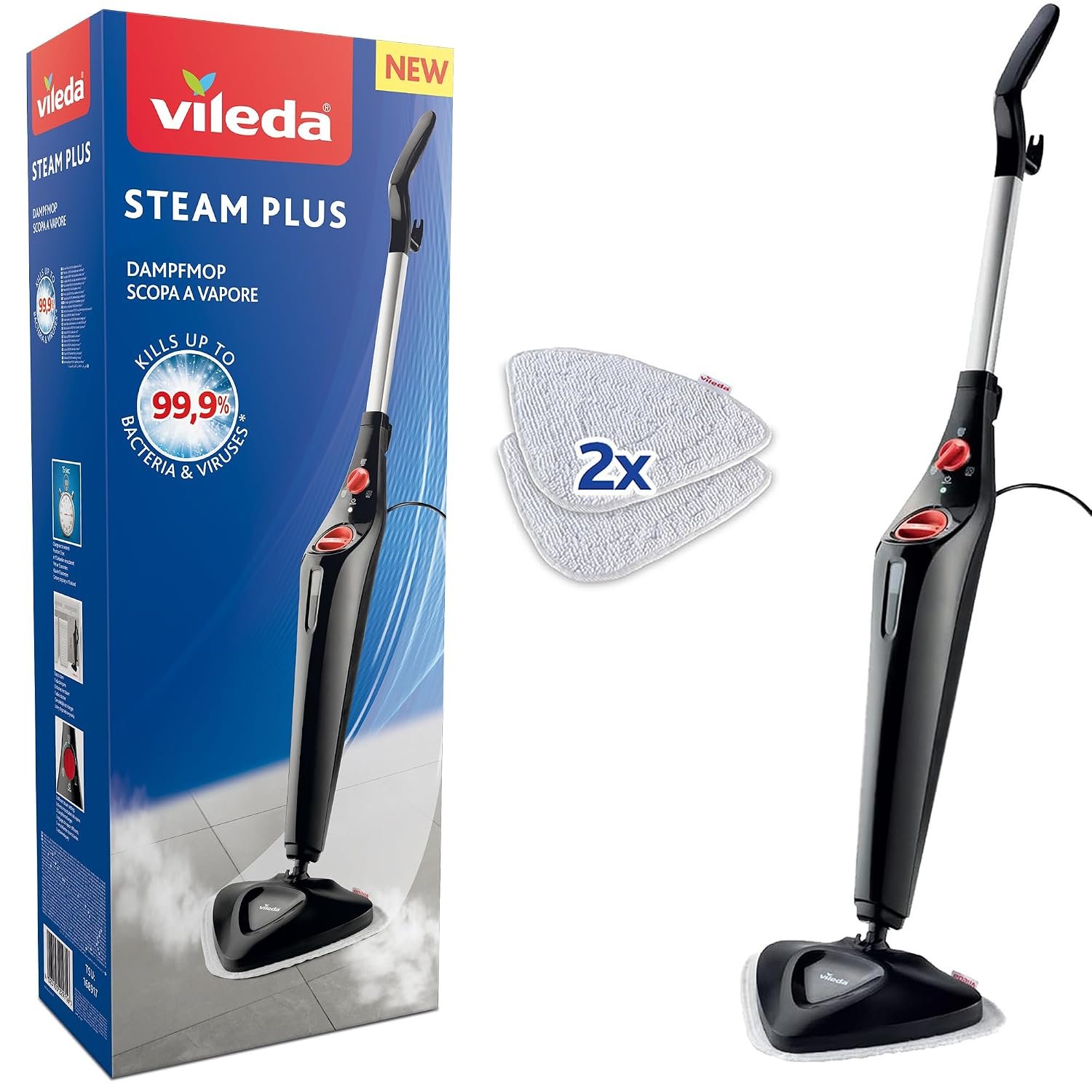 Vileda Steam Mop Steam PLUS, Black Steam Cleaner for all floors, Kills and Removes Viruses, Germs and Bacteria up to 99.9%, 3 Steam Settings, 400ml Water Tank, Heats in 15 seconds, Reaches in Corners
