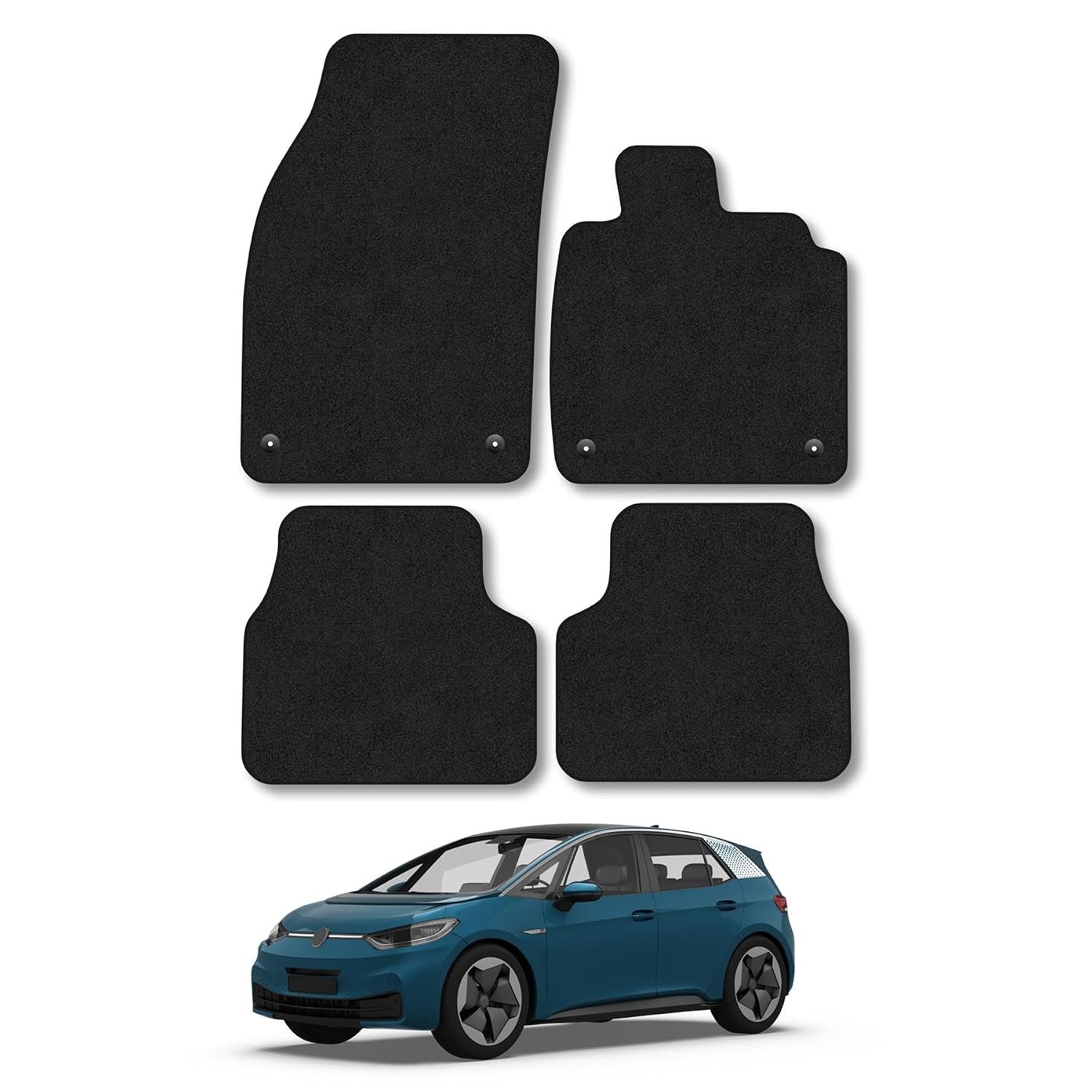 VW ID.3 (2019+) Car Mats Accessories Tailored Fit Carpet Floor Mats Non Slip Black Trim Full Coverage Compatible Accessory Front Rear Set Anti Slip Granulated Backing Hand-Finished Clips