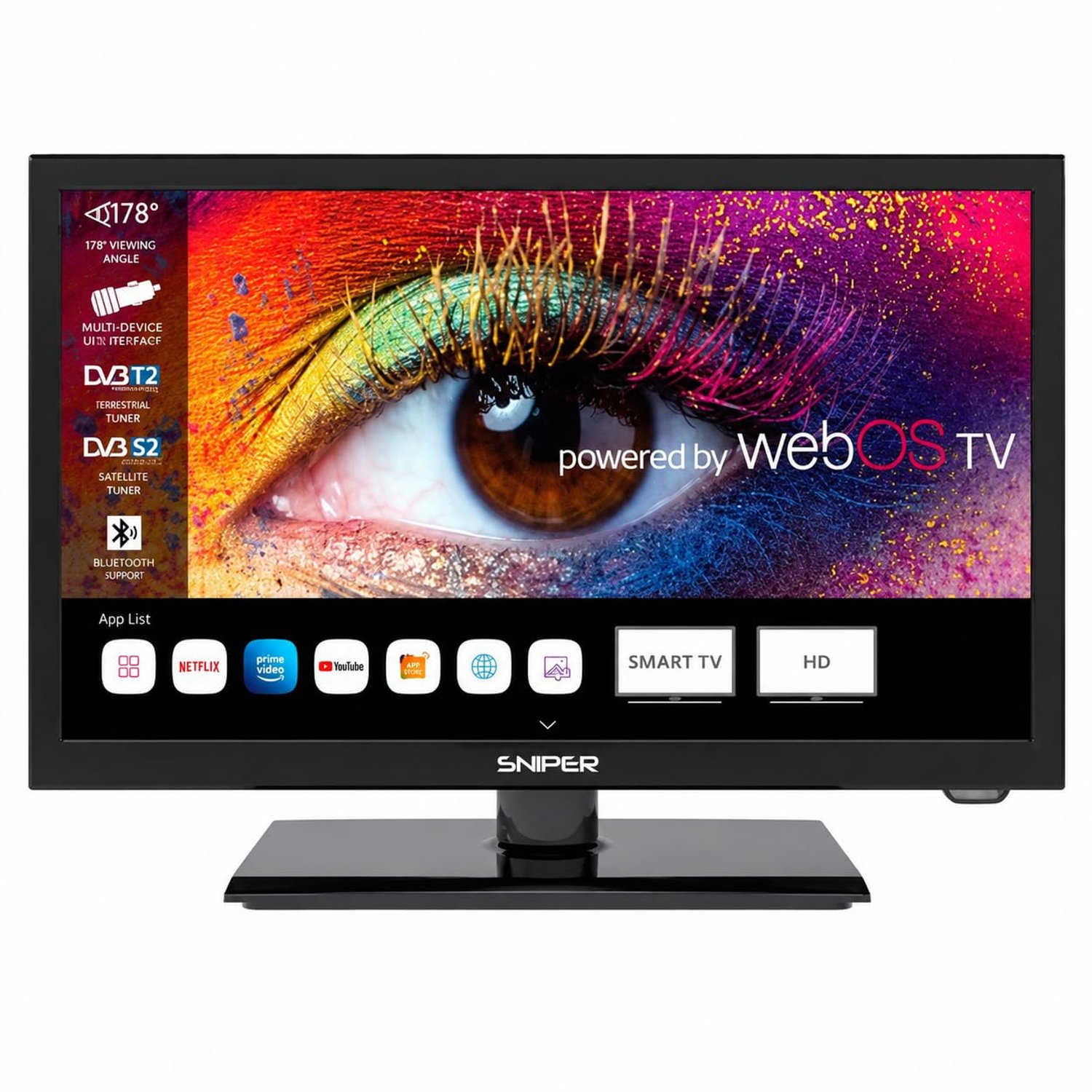 Sniper 22″ SMART LED Camping TV – webOS – Bluetooth 5.0, Wifi, Freeview Tuner, Satellite Tuner, Streaming & Catchup, 3 x HDMI, 2 x USB, Multimedia player, HD