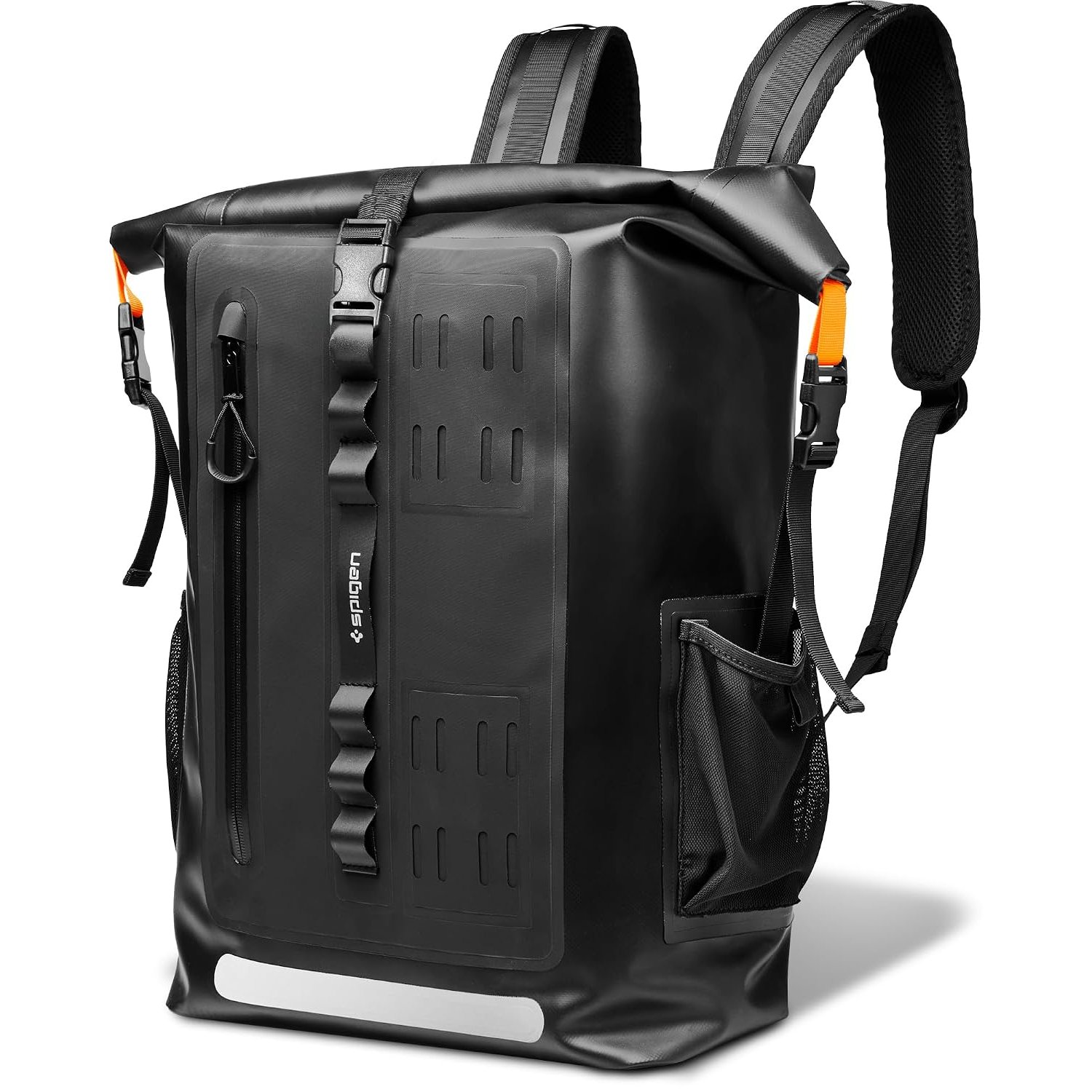 Spigen Waterproof Backpack IPX6 35L Roll Top Rucksack Fits up to 16 Inch Laptop, Multi-Compartment Ventilated Back, Chest Strap Snow Winter Hiking, Skiing, Camping, Snowboarding, Rain, Fishing – Black
