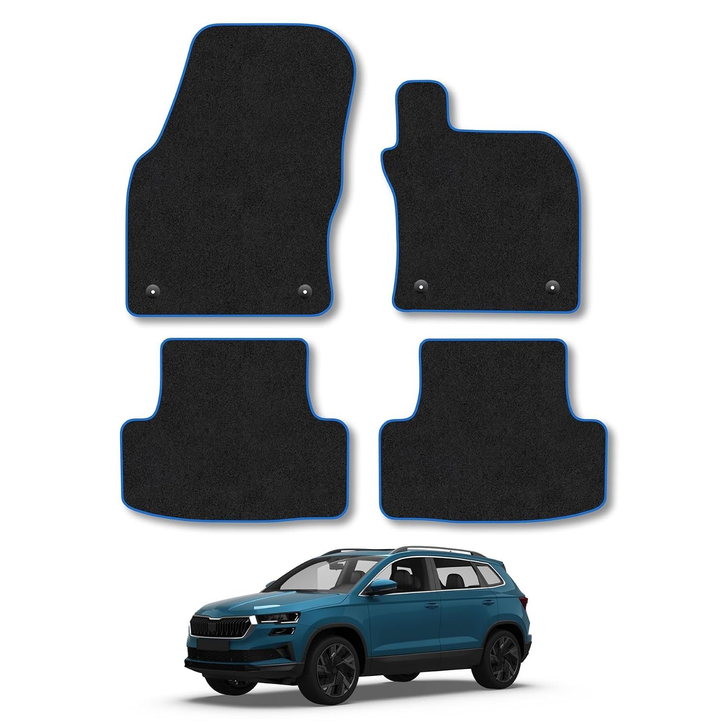 Skoda Karoq (2017+) Car Mats Accessories Tailored Fit Carpet Floor Mats Non Slip Blue Trim Full Coverage Compatible Accessory Granulated Backing Front Rear Set Anti Slip Hand-Finished Clips