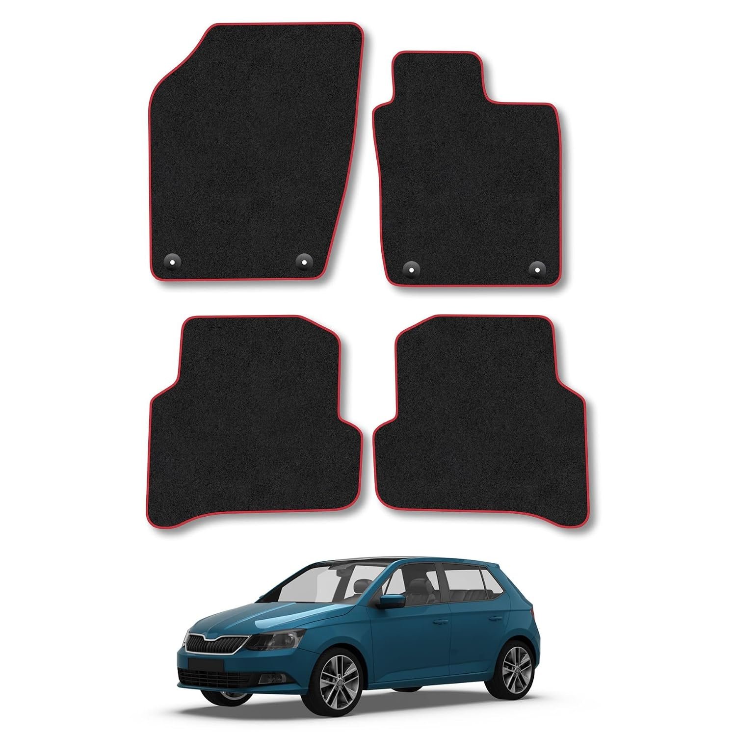 Skoda Fabia (2015-2021) Car Mats Accessories Tailored Fit Carpet Floor Mats Non Slip Red Trim Accessory Compatible Front Rear Set Anti Slip Backing Custom Fit Hand-Finished Full Coverage Clips