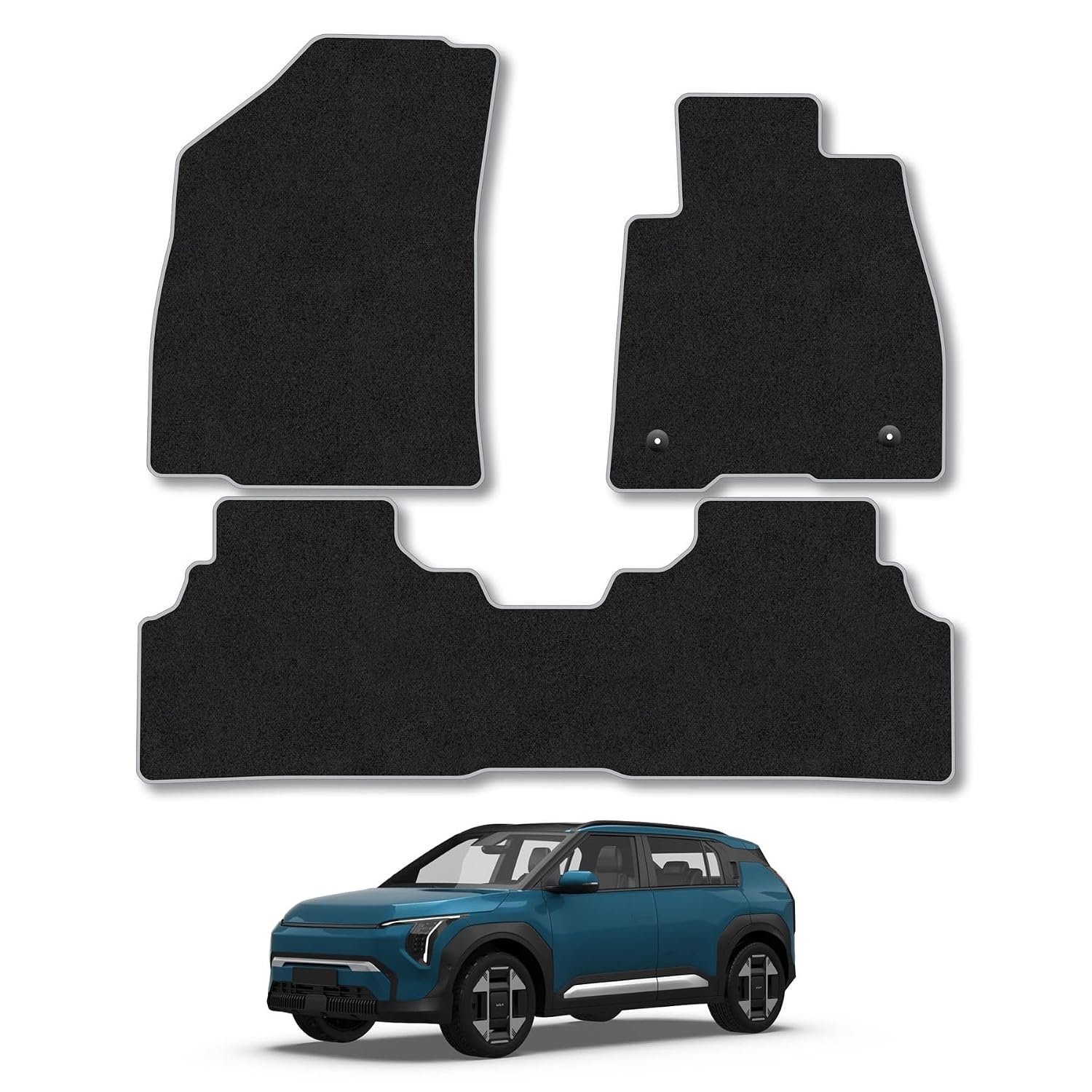 Kia [EV3] (2024+) Car Mats Accessories Tailored Fit Carpet Floor Mats Non Slip Grey Trim Accessory Compatible Front Rear Set Anti Slip Full Coverage Granulated Backing Hand-Finished Clips