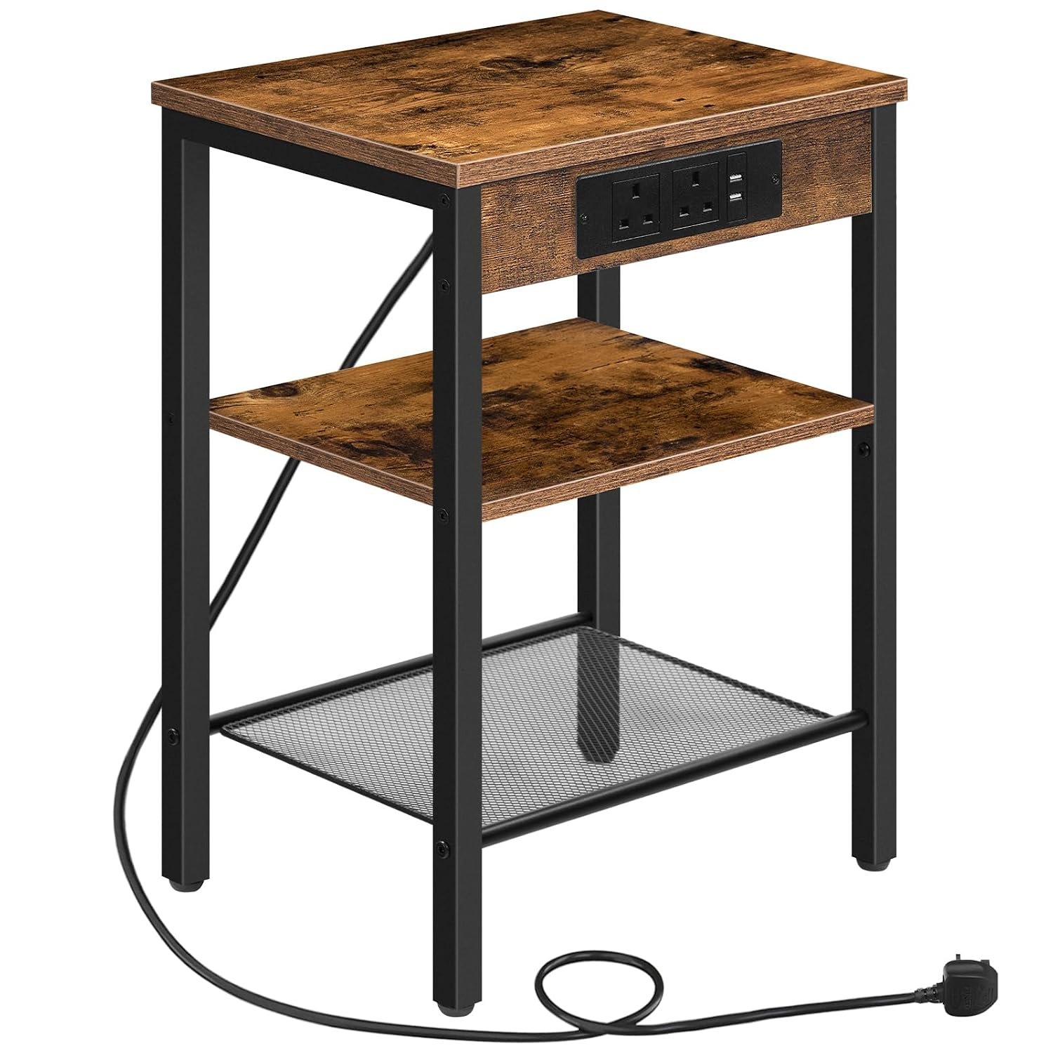 HOOBRO Side Table with Charging Station, Narrow Bedside Table with 2 Sockets and 2 USB Ports, 3-Tier Nightstand with Adjustable Shelf, Slim Sofa Tables End Tables, Rustic Brown and Black EBF112KBZ01