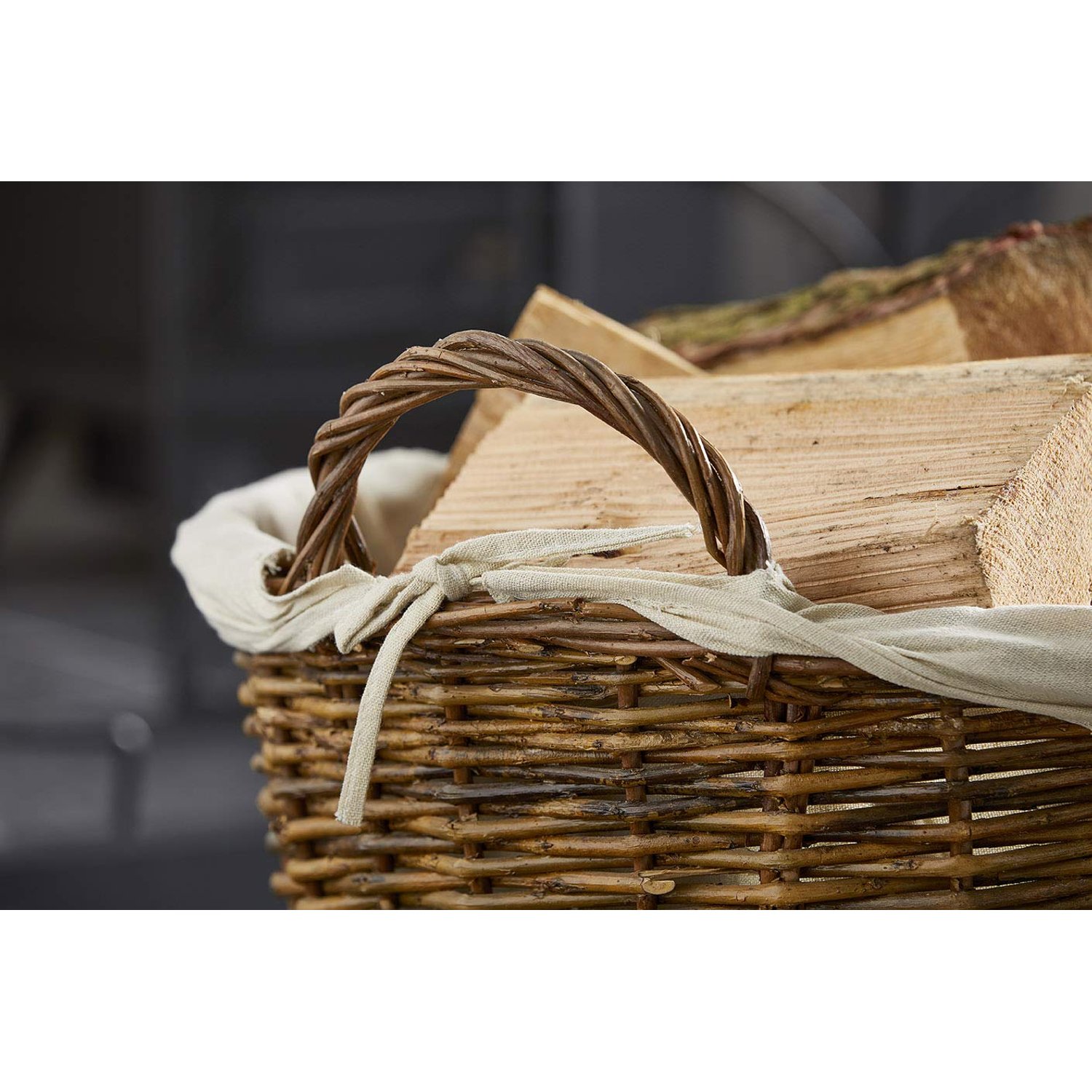 Vintage Decor ® Large Round Brown Rustic Wicker Fireside Log Basket With Removable Washable Cotton Liner & ties, Stylish Storage Solution, Laundry, clothes, toys, shoes and logs. 50cm D x 35cm H