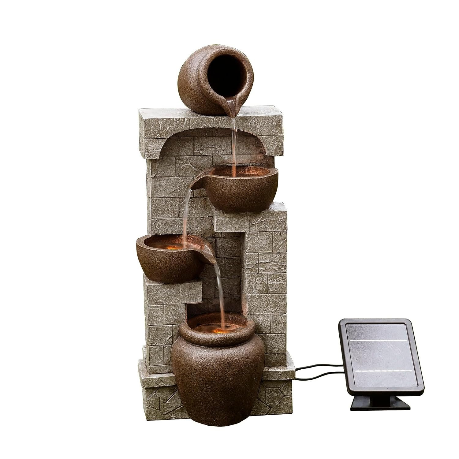 Teamson Home Solar Powered Water Feature, Indoor or Outdoor Garden Water Fountain, 4 Tier Pot, Waterfall with Solar Powered Pump and LED Lights
