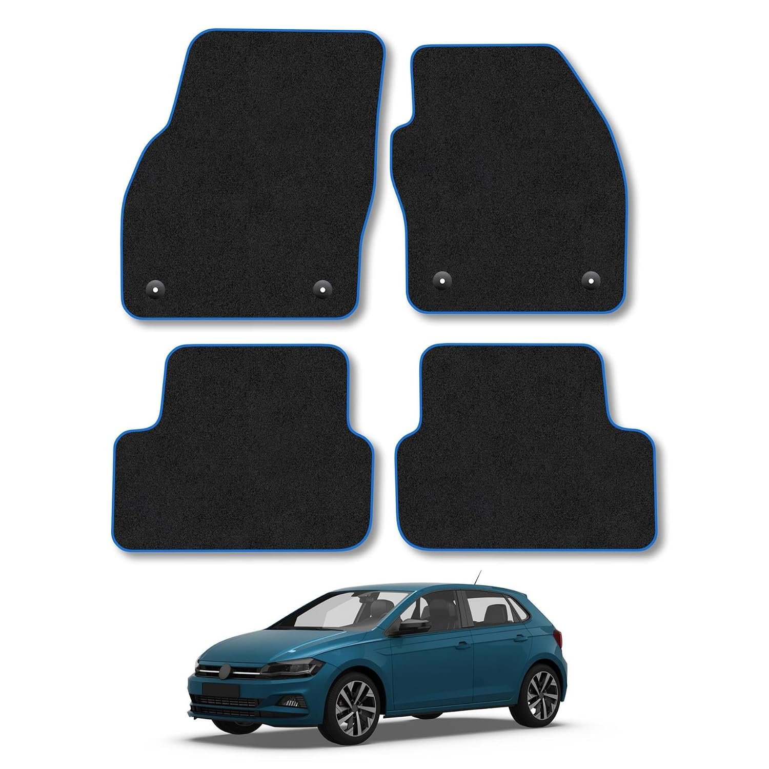 Car Mats Compatible with VW Polo (2018+) Blue Trim Carpet Tailored Fit Car Floor Mats Set Accessory Custom Fit Water-Resistant Anti Slip Backing All Weather Full Coverage With Clips Hand-Finished