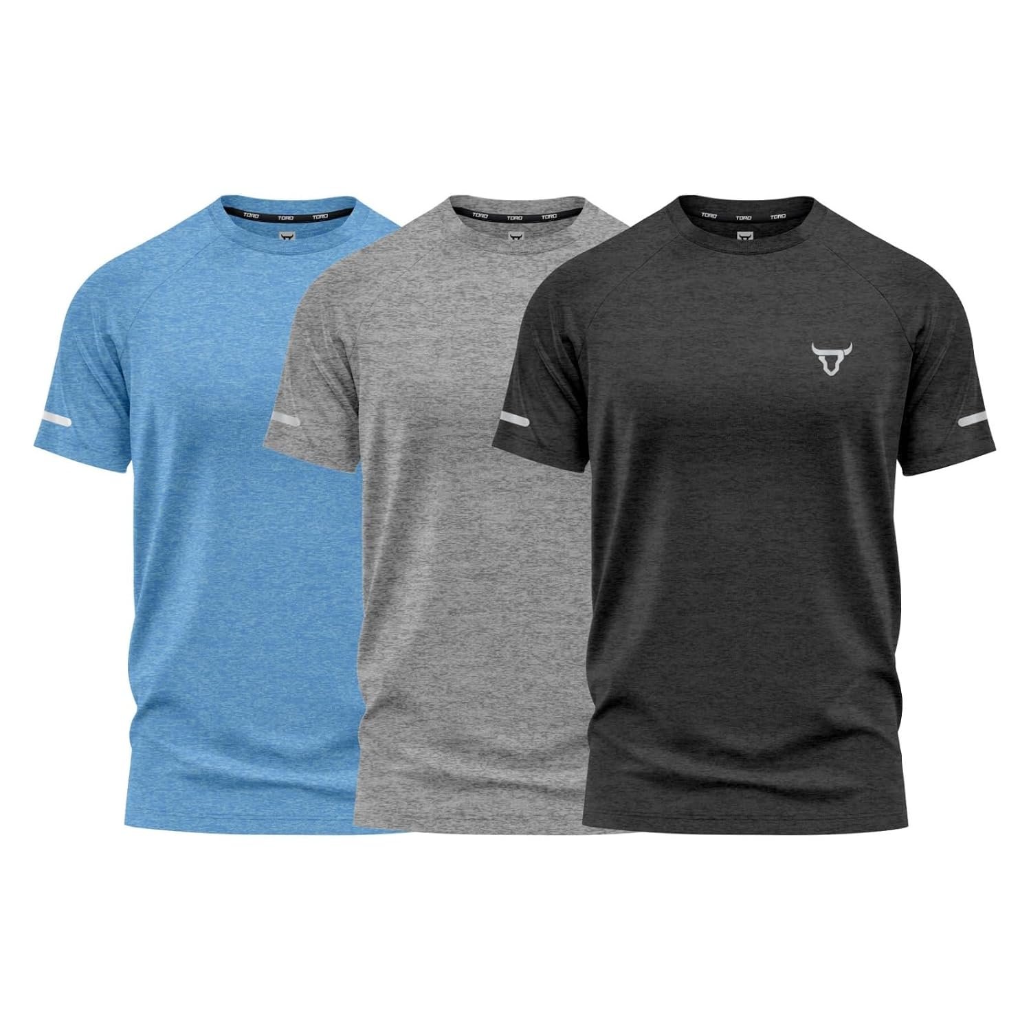 Pack of 3 Mens Workout Short Sleeve T-Shirts Athletic Fit Fast Drying Moisture Wicking Sports Style T-Shirts (UK, Alpha, L, Regular, Regular, Pack of 3 Sea Black Sea Grey Sea Blue)