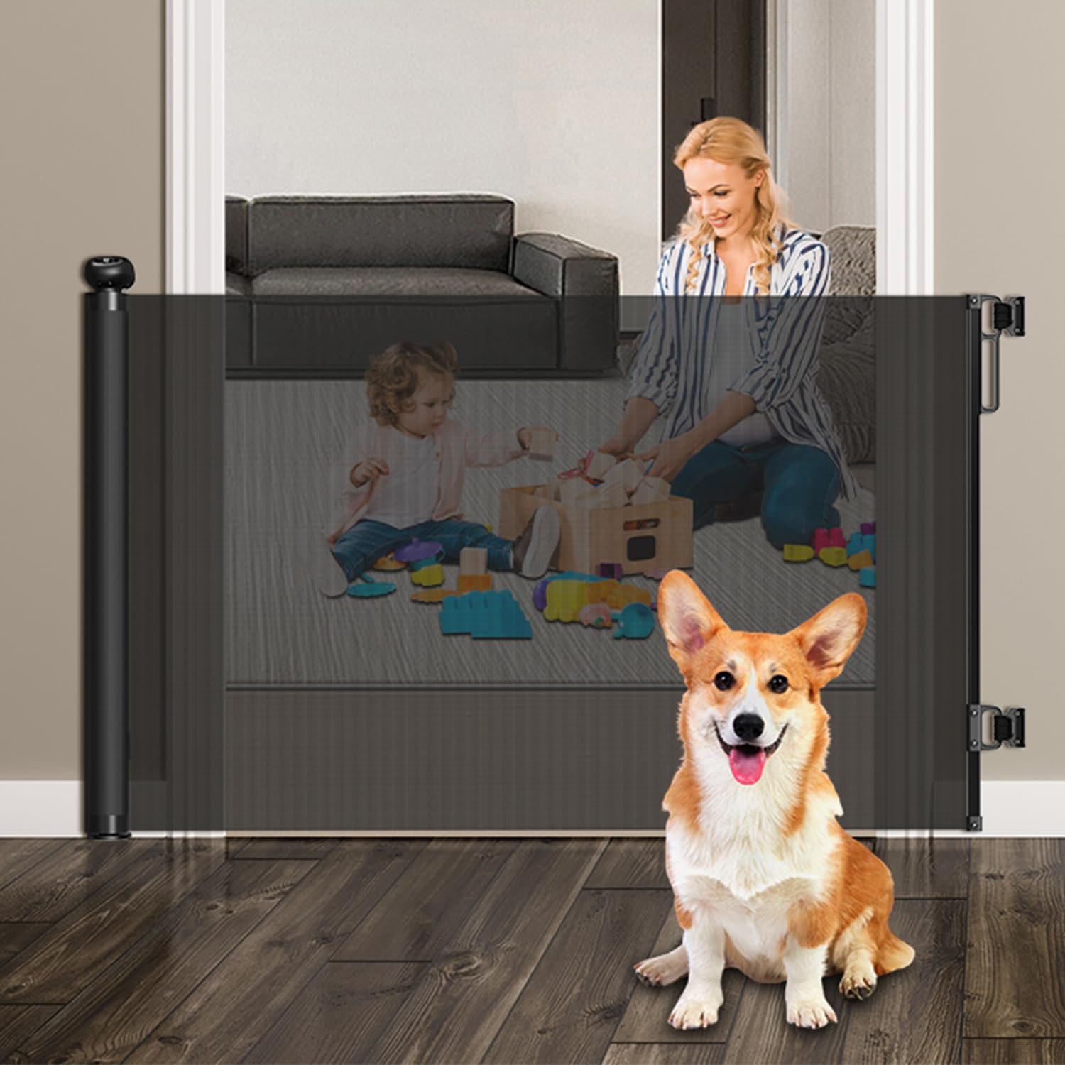 S&D, Retractable Baby Gates 135 cm / 53 Inches wide Stair Safety Gate Roll for Babies and Pets, dogs, Extendable Barrier Gates (Grey)