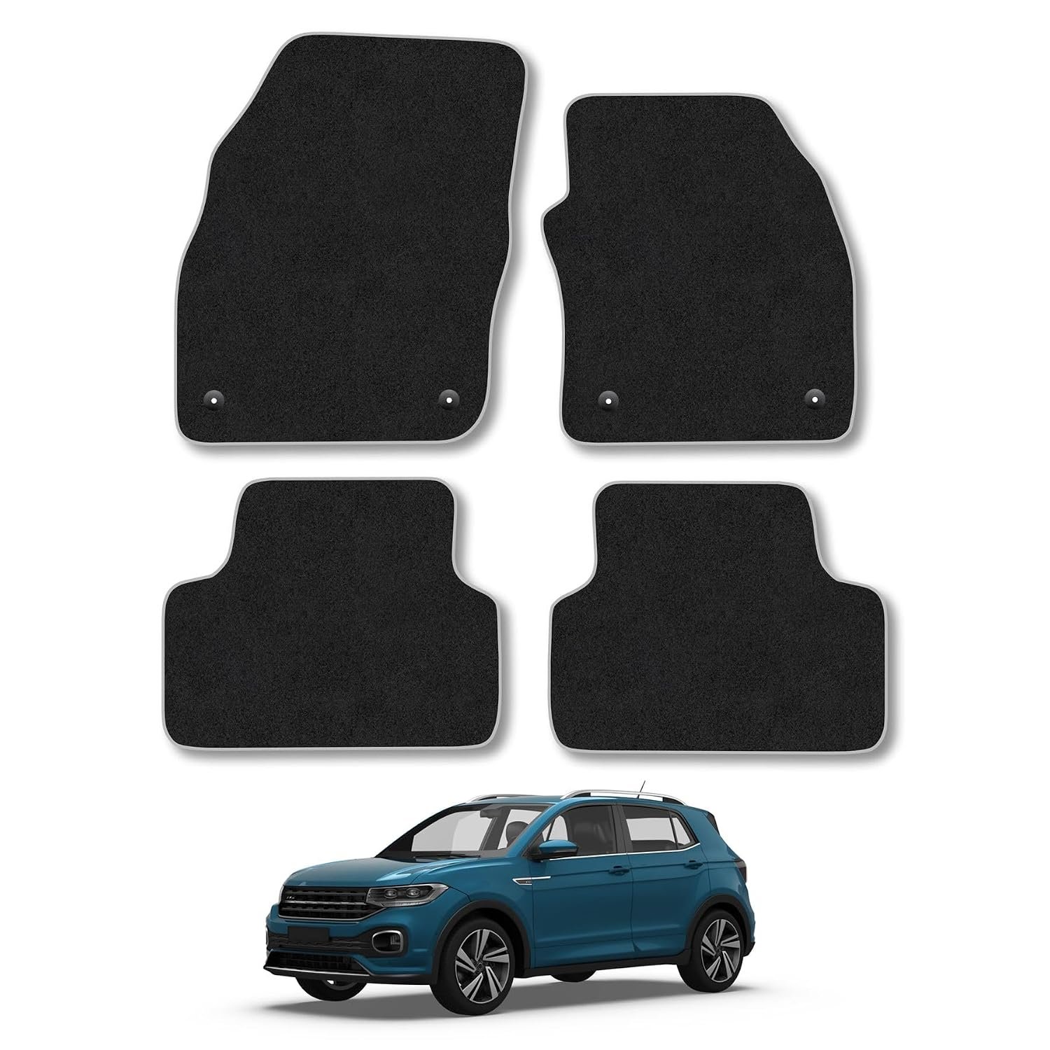 VW T-Cross (2019+) Car Mats Accessories Tailored Fit Carpet Floor Mats Non Slip Grey Trim Accessory Compatible Front Rear Set Anti Slip Full Coverage Granulated Backing Hand-Finished Clips