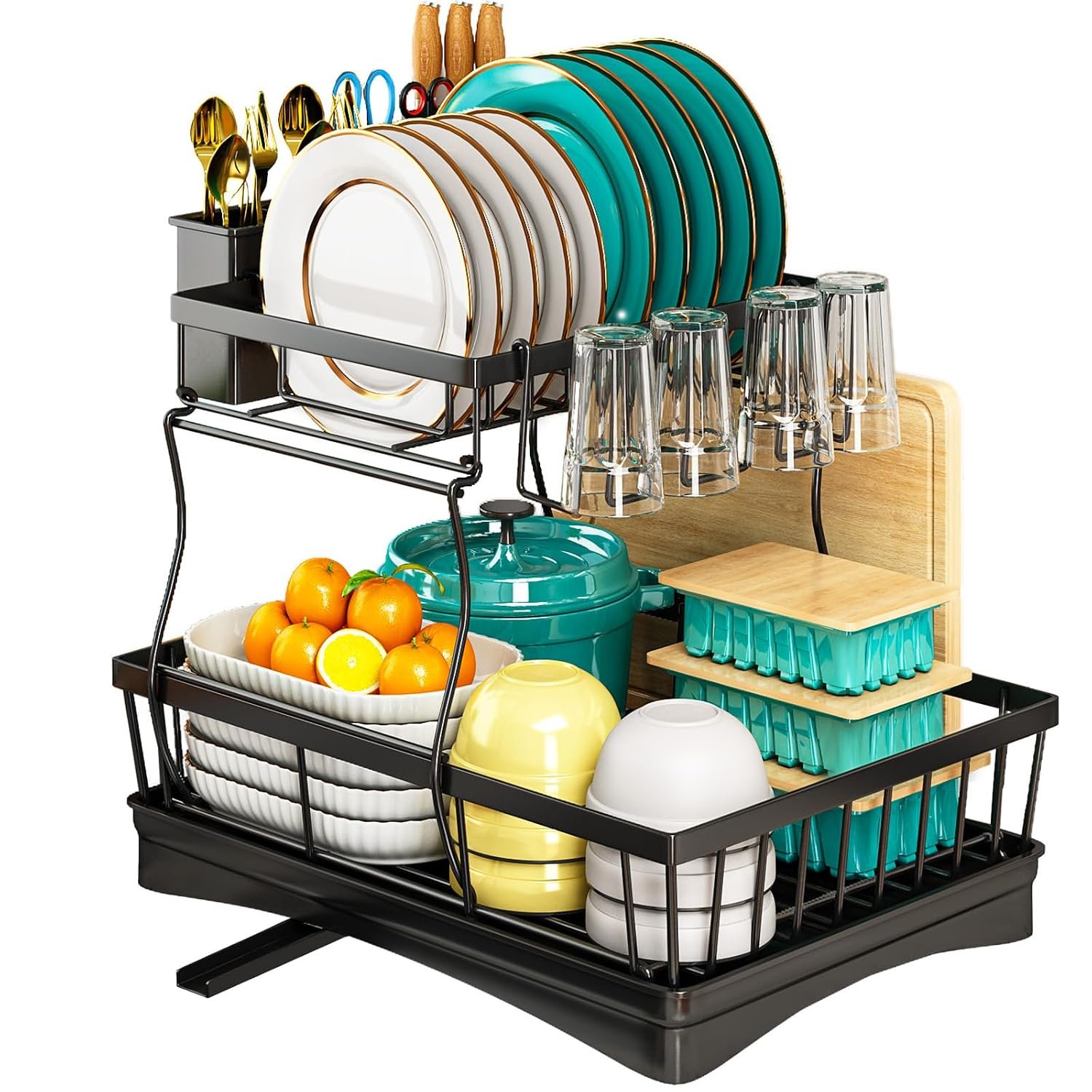 2 Tier Dish Drainer Rack for Kitchen Counter - Space-Saving Dish Rack with Utensil Holder, Large Capacity Dish Drying Rack with Draining Board, Black
