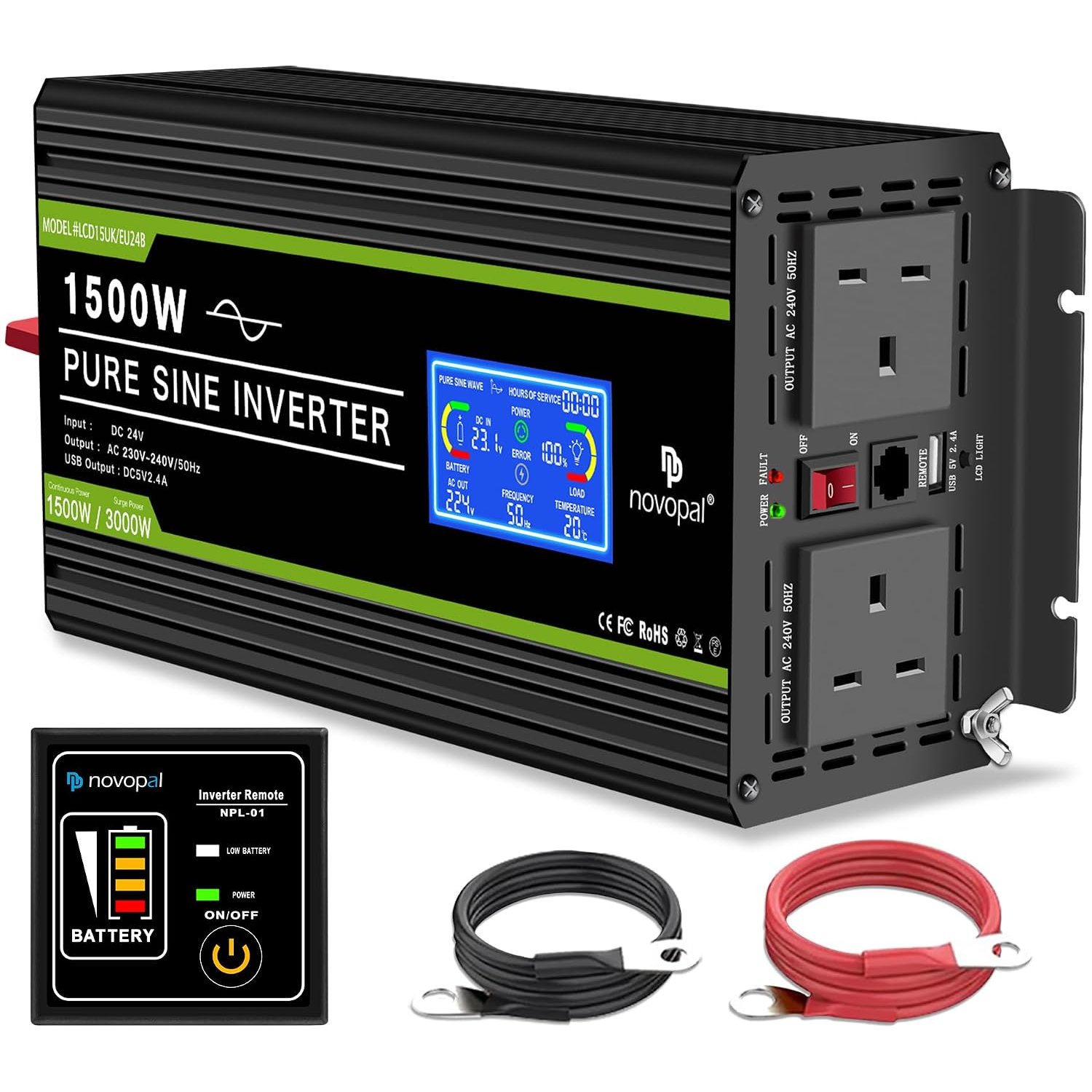 NOVOPAL 1500W Pure Sine Wave Inverter 24V to 230V 240V Car Power Converter with LCD Display, 2AC Outlets and USB Port,Remote Control for Motorhomes, Truck, Boat, Camping, Household, Van