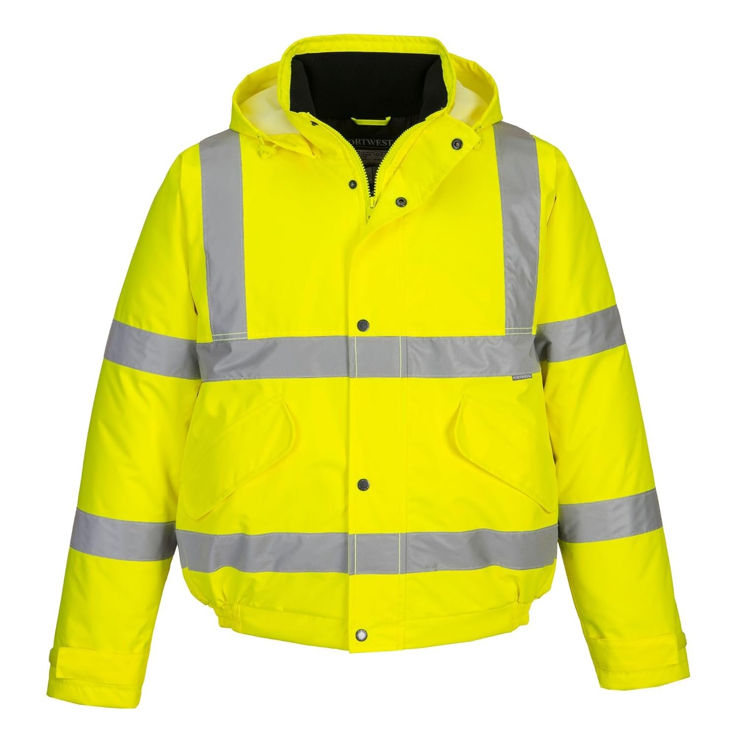 Portwest S463 Mens Hi Vis Winter Bomber Jacket Waterproof Windproof Mens Winter Workwear Padded Pack Away Hood Reflective Tape Cold Weather Coat, Yellow, L