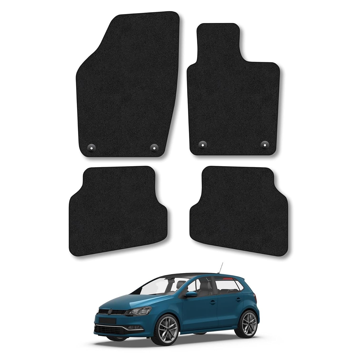 VW Polo (2009-2017) Car Mats Accessories Tailored Fit Carpet Floor Mats Non Slip Black Trim Full Coverage Compatible Accessory Front Rear Set Anti Slip Granulated Backing Hand-Finished Clips