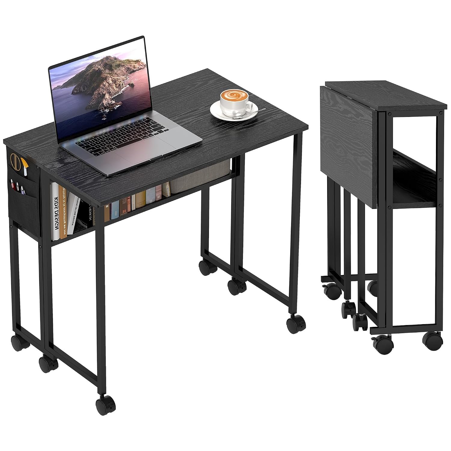 HOMCOM Folding Desk with Storage Shelf and Bag, 80 cm Foldable Computer Desk for Small Spaces, Space Saving Writing Table on Wheels for Home Office, Bedroom, Easy Assembly, Black