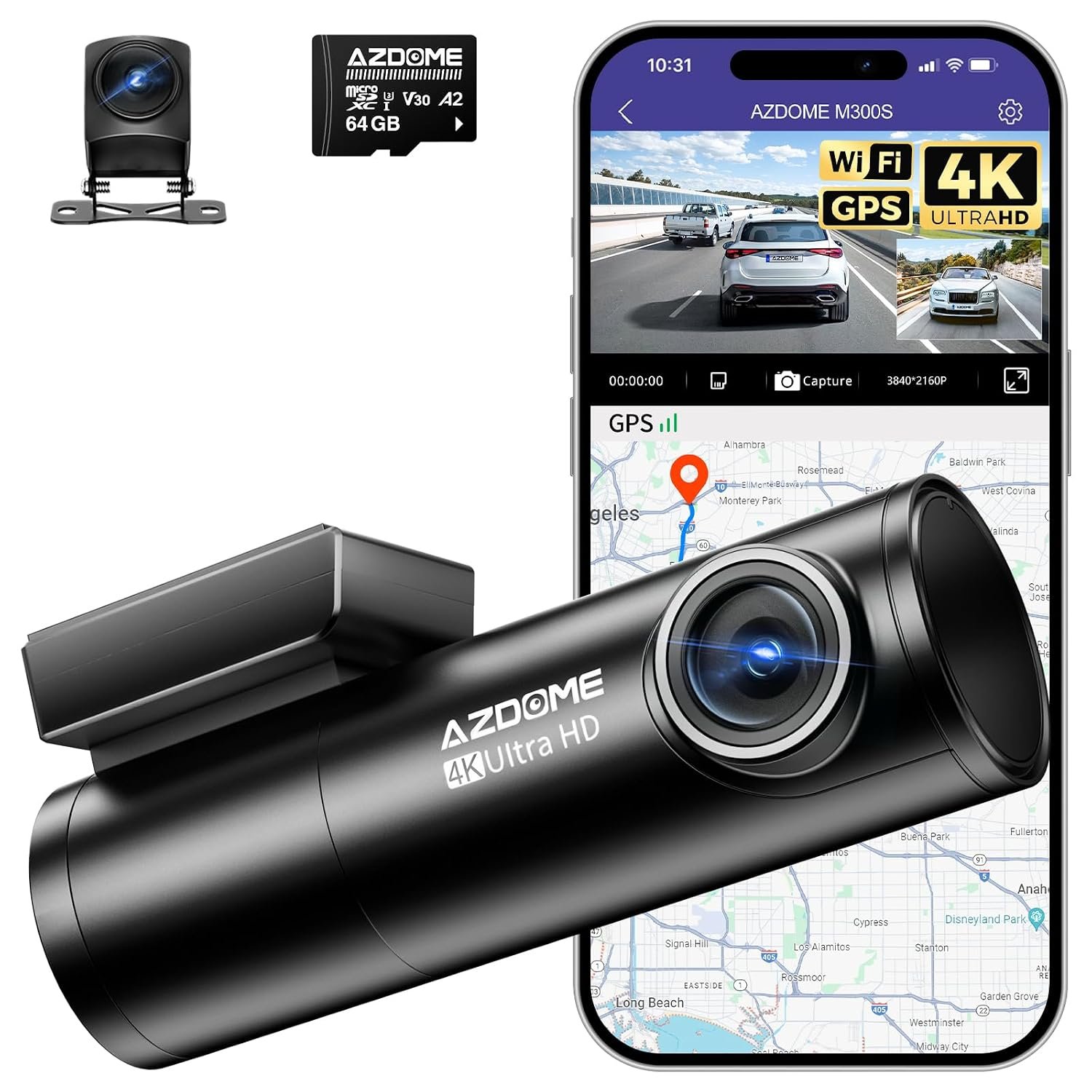 AZDOME 4K Dash Cam Front and Rear, WiFi GPS, Dual Car Camera, Mini Dashcam for Cars with 64GB SD Card, 24H Parking Mode, ADAS, Night Vision, WDR, 170° Wide Angle, G-Sensor, App Control, Max 256GB