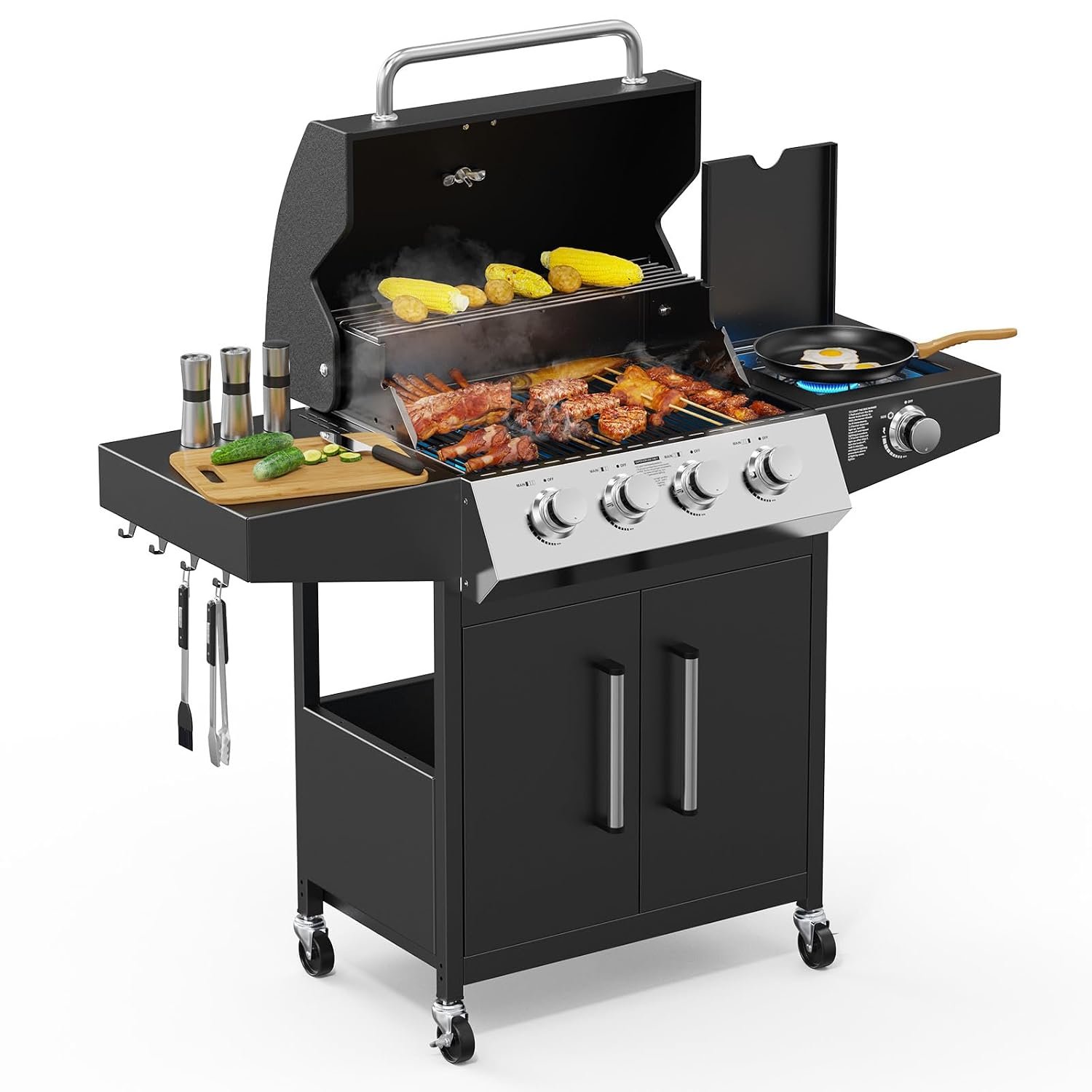 ROVSUN 4+1 Burner Gas BBQ Grill, Outdoor Portable Barbecue with Side Burner, Warming Rack, Cabinet, Side Shelves, Temperature Gauge - Steel Barbecue Trolley, BBQ Gift for Dad for Father‘s Day