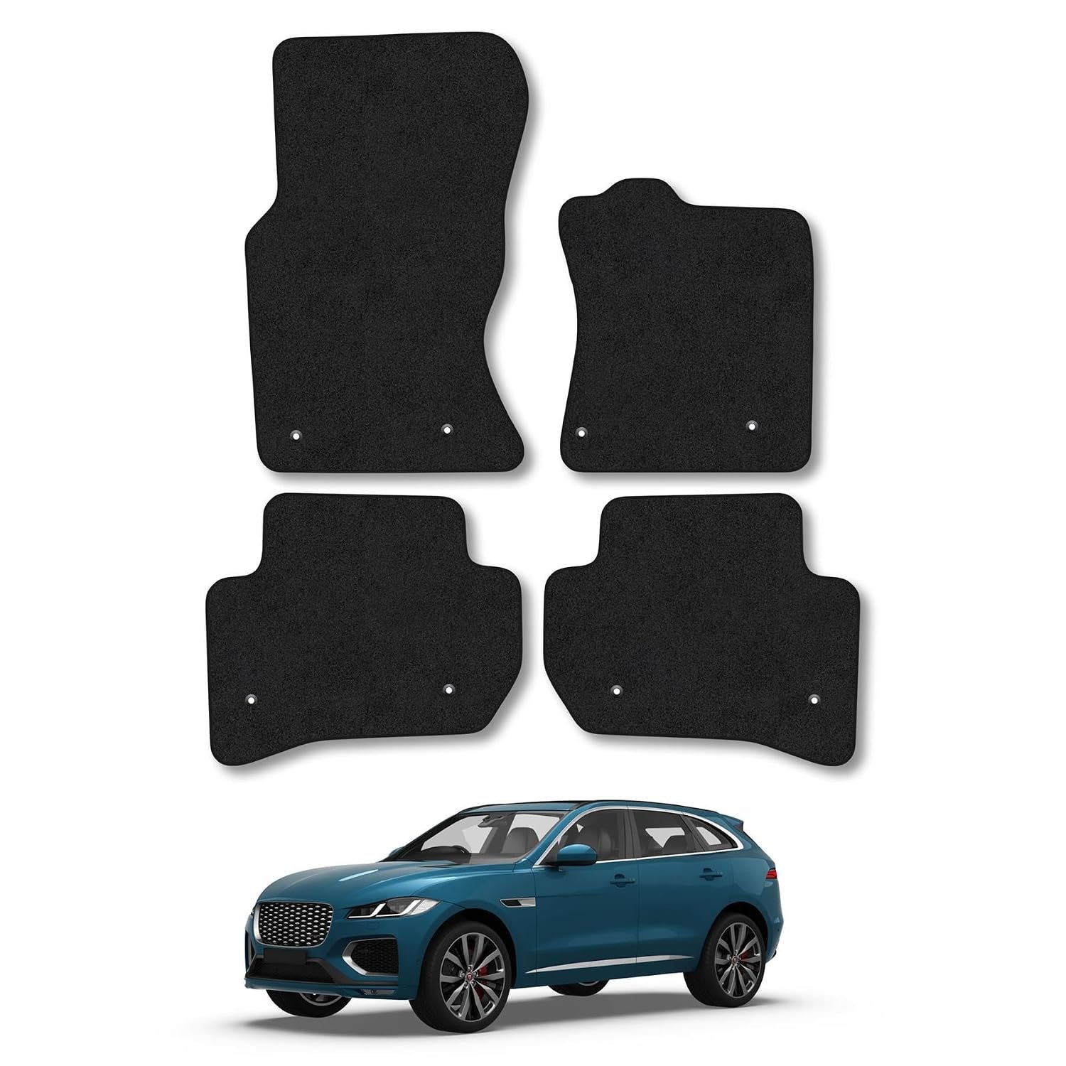 Jaguar F Pace (2016+) Car Mats Accessories Tailored Fit Carpet Floor Mats Non Slip Black Trim Full Coverage Compatible Accessory Front Rear Set Anti Slip Granulated Backing Hand-Finished Clips
