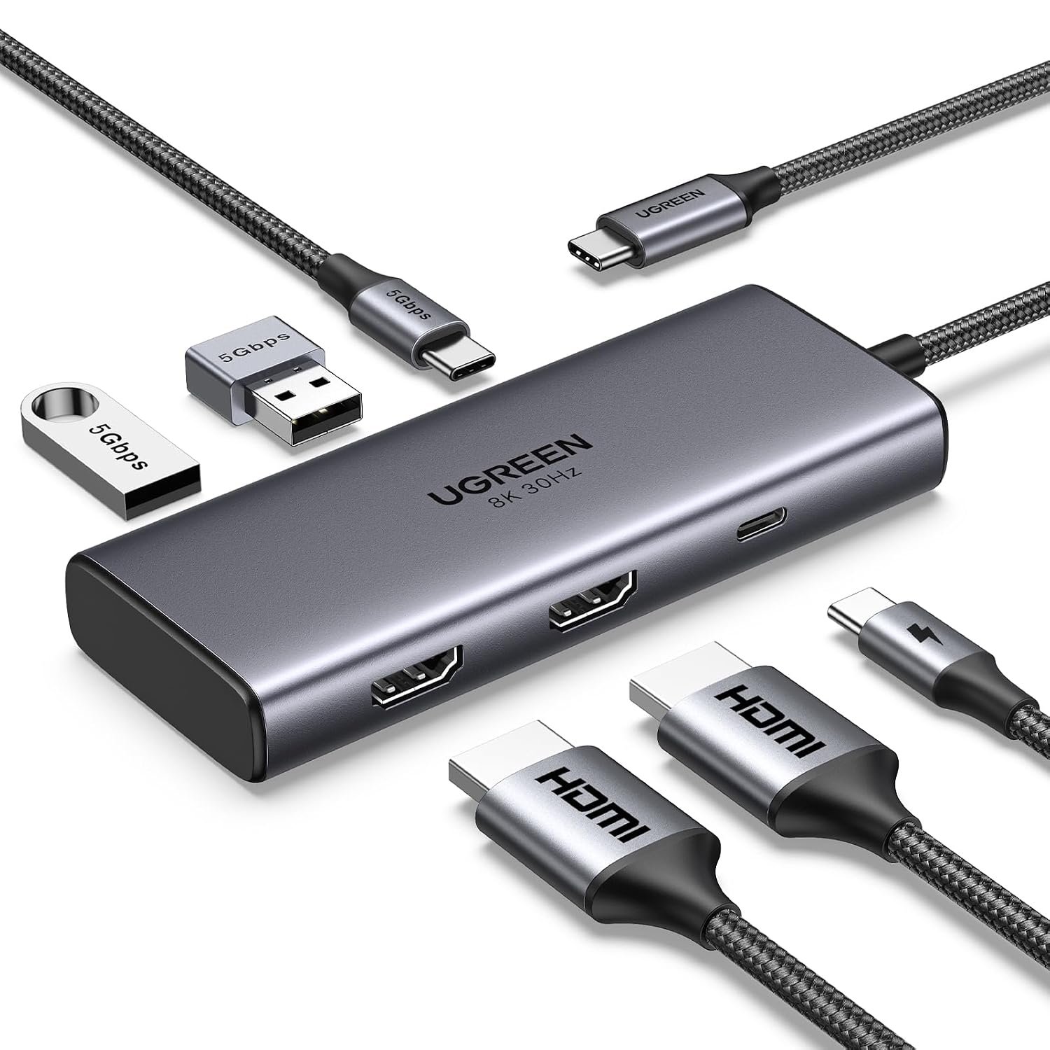 UGREEN Laptop Docking Station Dual Monitor, Revodok 206 USB C Hub, Dual 4K@60Hz HDMI, Single 8K, 100W PD, 3x 5Gbps USB-A/C Data, Aluminum USB-C Dock for Dell, HP(6-in-1)