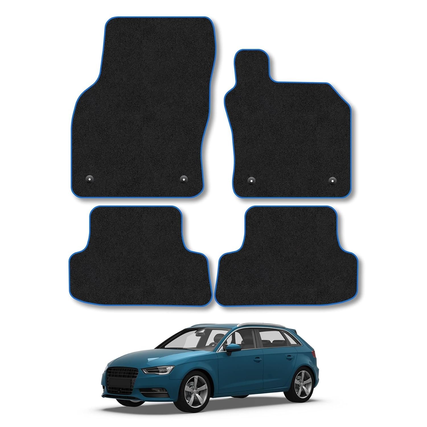 Audi A3 (2012-2020) [4 Clips] Car Mats Accessories Tailored Fit Carpet Floor Mats Non Slip Blue Trim Full Coverage Compatible Accessory Granulated Backing Front Rear Set Anti Slip Hand-Finished Clips