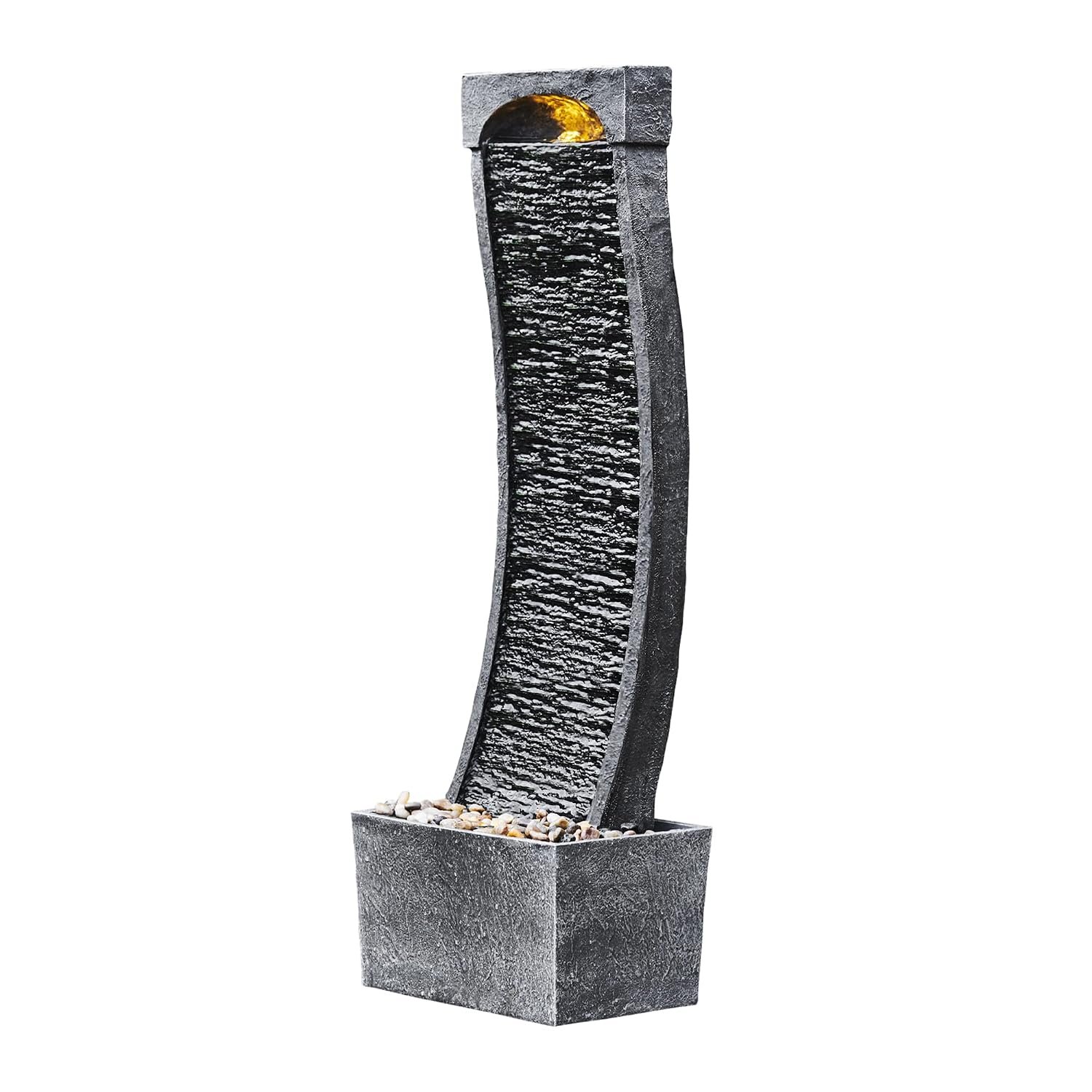 Teamson Home Garden Water Feature with LED Lights and Pump, Large Garden Water Fountain, Indoor and Outdoor Curved Waterfall Fountain, Slate Effect