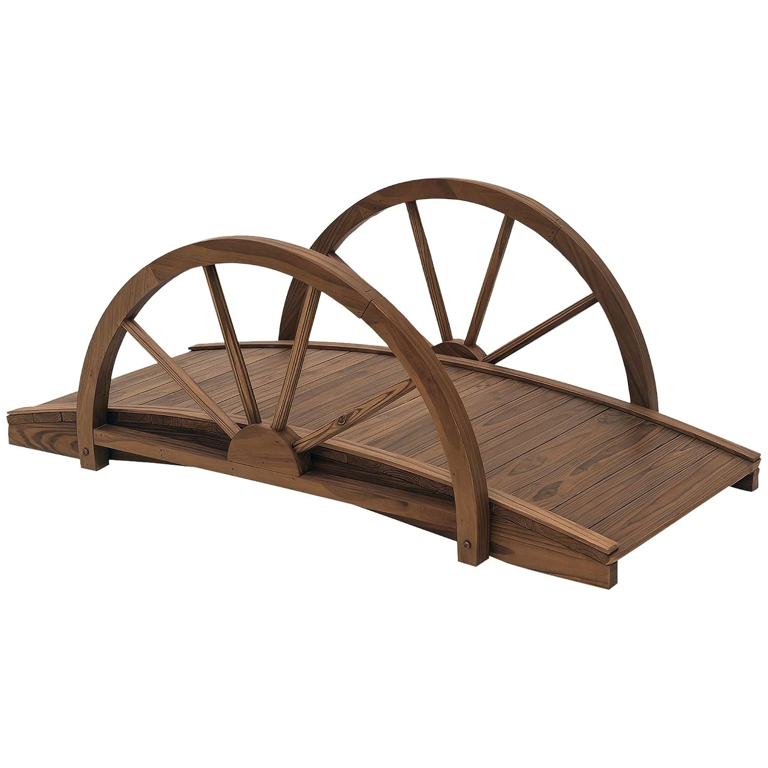 Outsunny Wooden Garden Bridge Lawn Décor Stained Finish Arc Outdoor Pond WalkwayYard Decoration Half Wheeled Railings 100L x 50W x 37Hcm