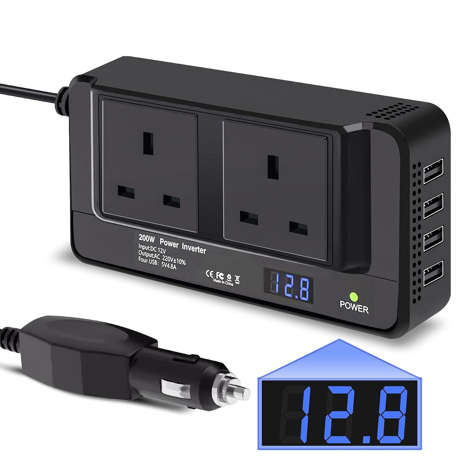 SSinaaes 200W Car Power Inverter, DC 12V to AC 230V, 2 Sockets, 4 USB Ports (2x QC3.0), Black, Car Lighter Plug, Ideal for Truck, RV, Camping