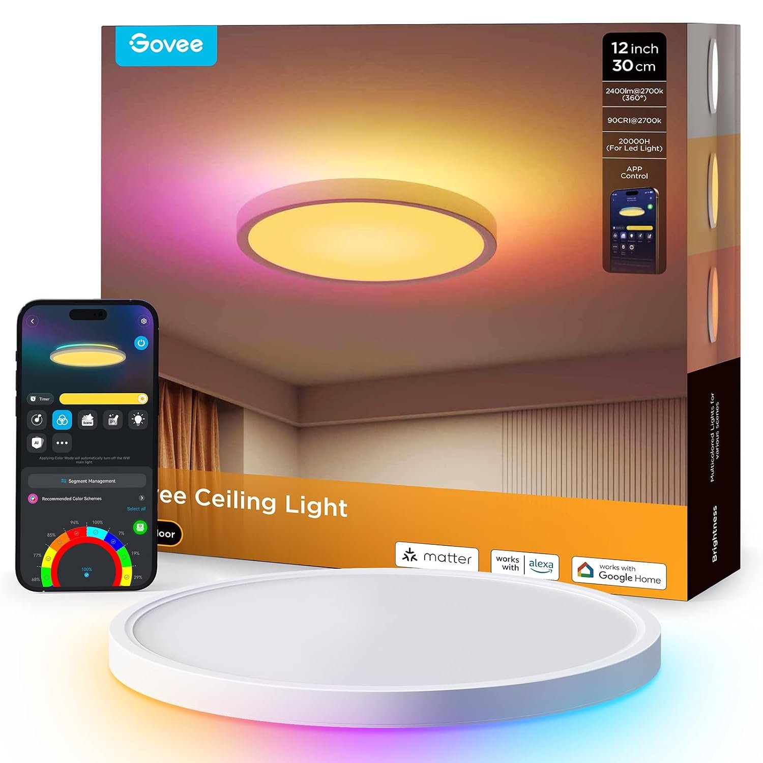 Govee LED Ceiling Light, 2400LM Smart RGBIC Flush Ceiling Lights 24W Work with Alexa & Google Assistant, for Bedroom Living Room, Round, Ø30cm
