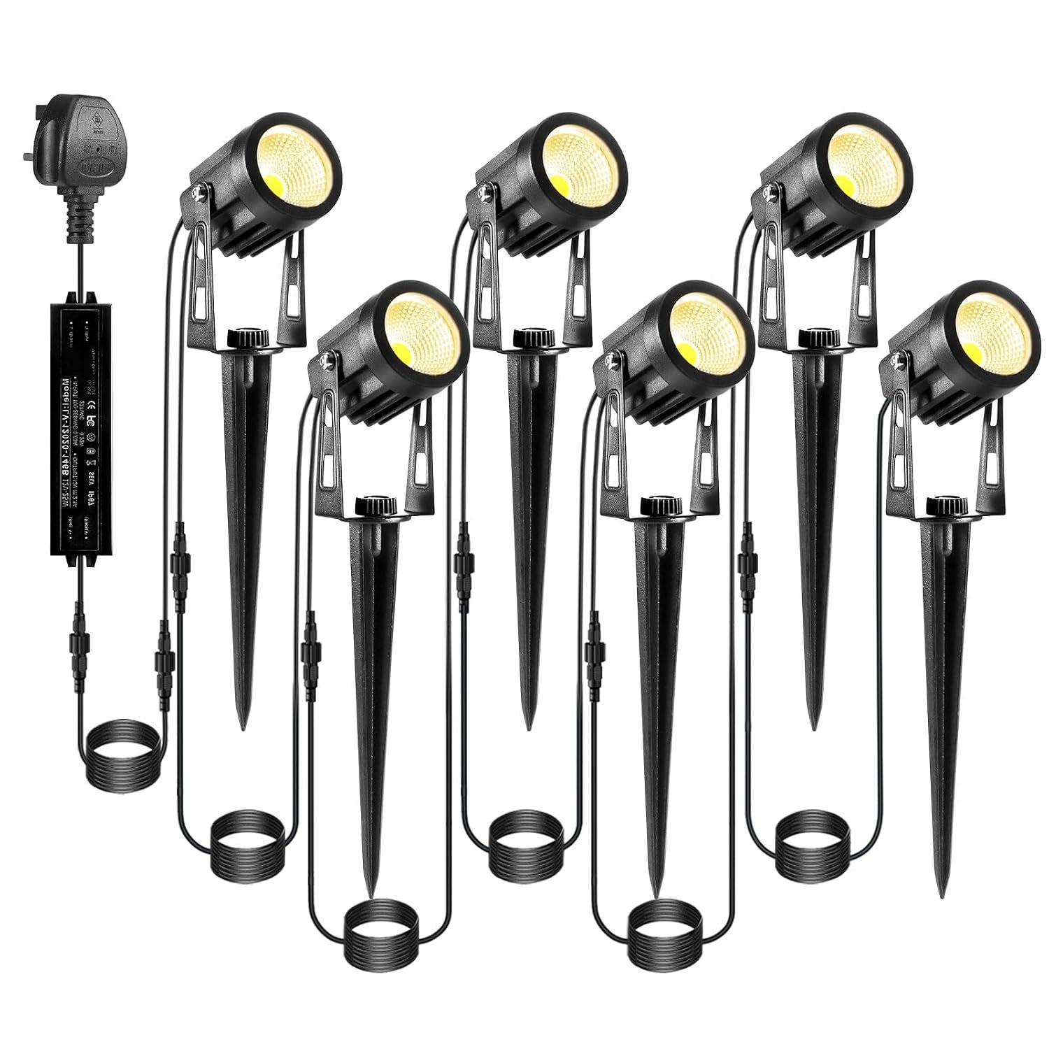 ECOWHO Garden Lights Mains BS Plug Extendable Outdoor Spotlights 21m LED Spike Uplighter Wire Metal Outside Waterproof Lighting Warm White for Path Tree(Ground Stake&Wall Mounted, DIY to 8 Spots)