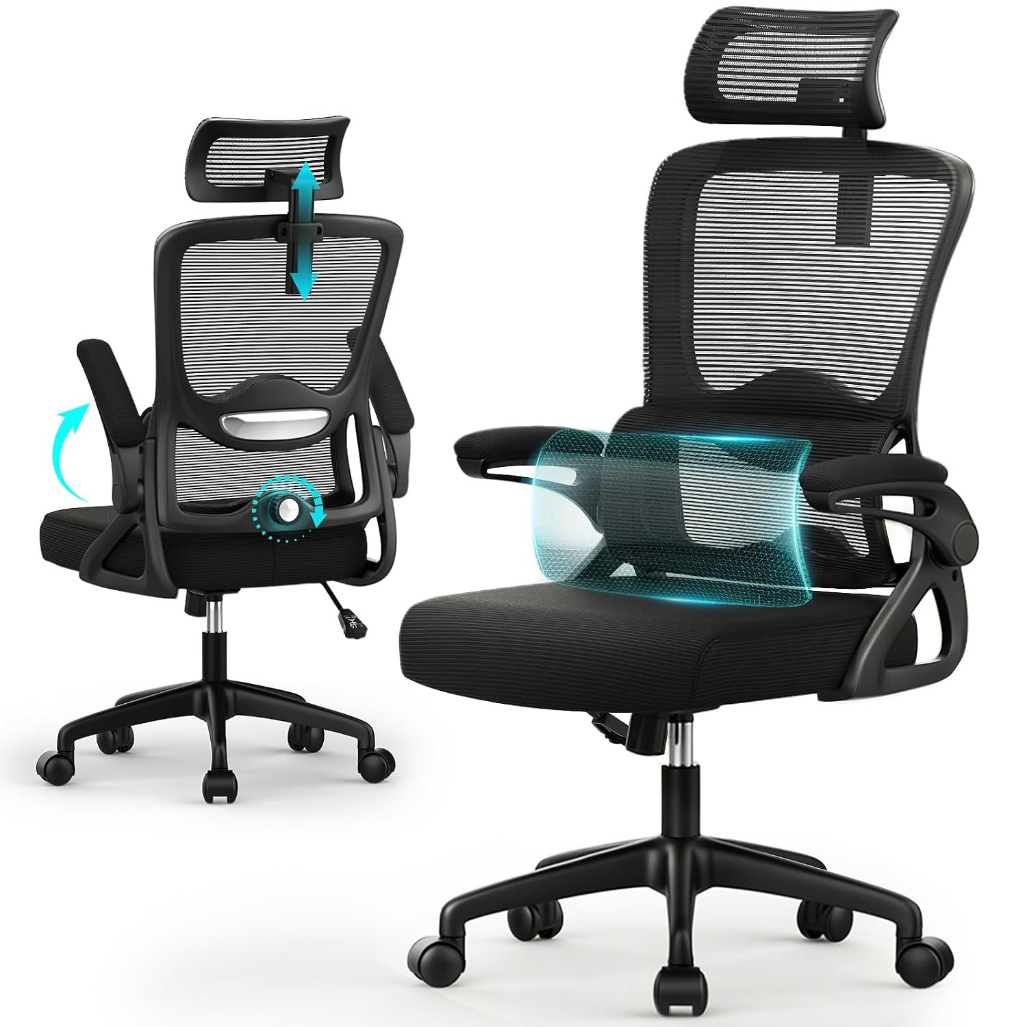 Office Chair, Ergonomic Desk Chair with 2D Lumbar Support and Adjustable Headrest, Swivel Computer Chair with Padded Flip-up Armrests & Thickened Seat,High Back Executive Chair for Home Office