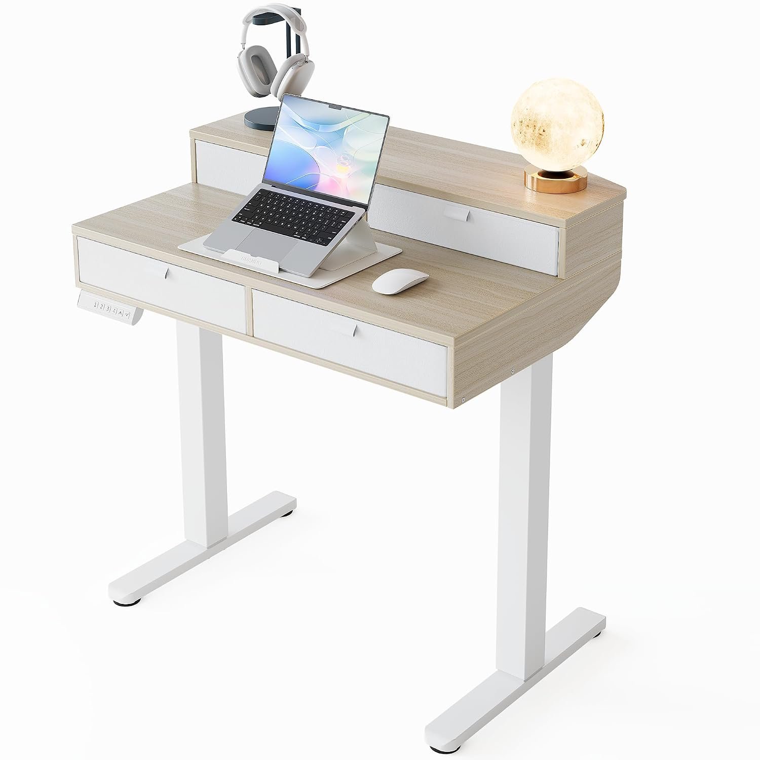 HUANUO 80 x 53cm Small Standing Desk with Drawers, C-Clamp Mount Compatible, Height Adjustable Electric Standing Desk with 4 Memory Height Settings for Home Office, Natural