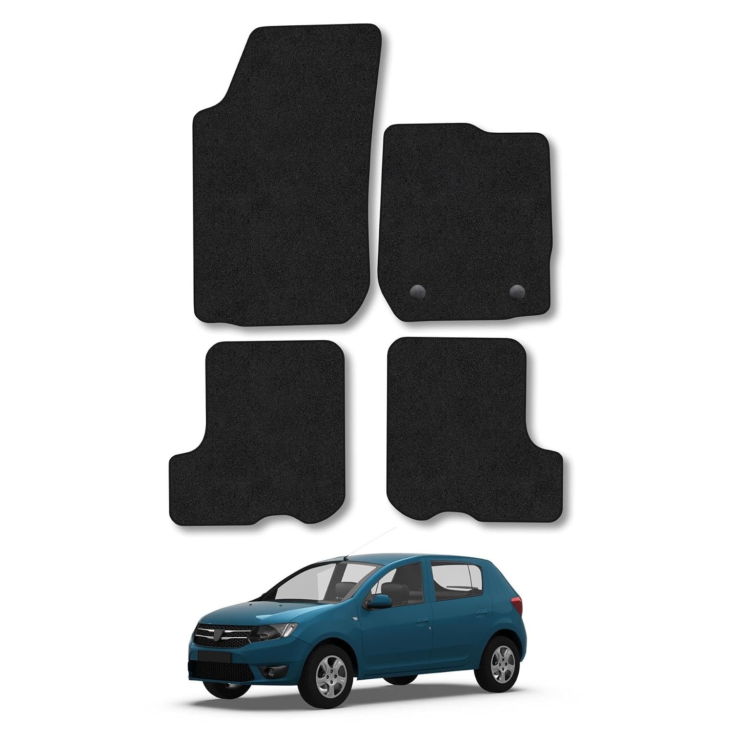 Dacia Sandero (2013-2020) Car Mats Accessories Tailored Fit Carpet Floor Mats Non Slip Black Trim Full Coverage Compatible Accessory Front Rear Set Anti Slip Granulated Backing Hand-Finished Clips