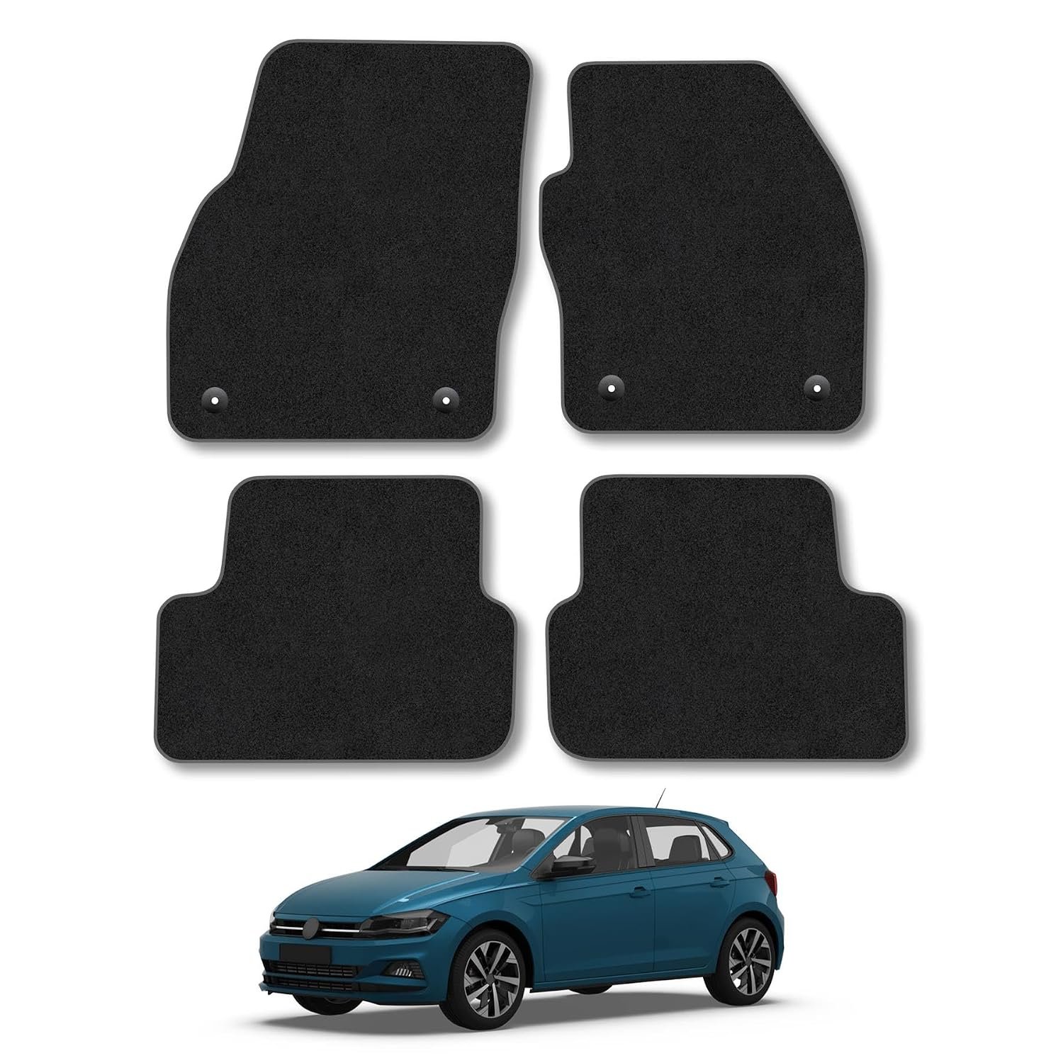 Car Mats Compatible with VW Polo (2018+) Grey Trim Carpet Tailored Fit Car Floor Mats Set Accessory Custom Fit Water-Resistant Anti Slip Backing All Weather Full Coverage With Clips Hand-Finished