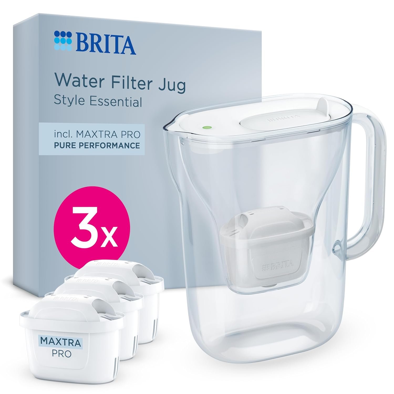 BRITA Water Filter Jug Style Essential White (2.4L) incl. 3x MAXTRA PRO Pure Performance |fridge-fitting pitcher with Smart Light LTI & flip-lid, filtering impurities, metals & more