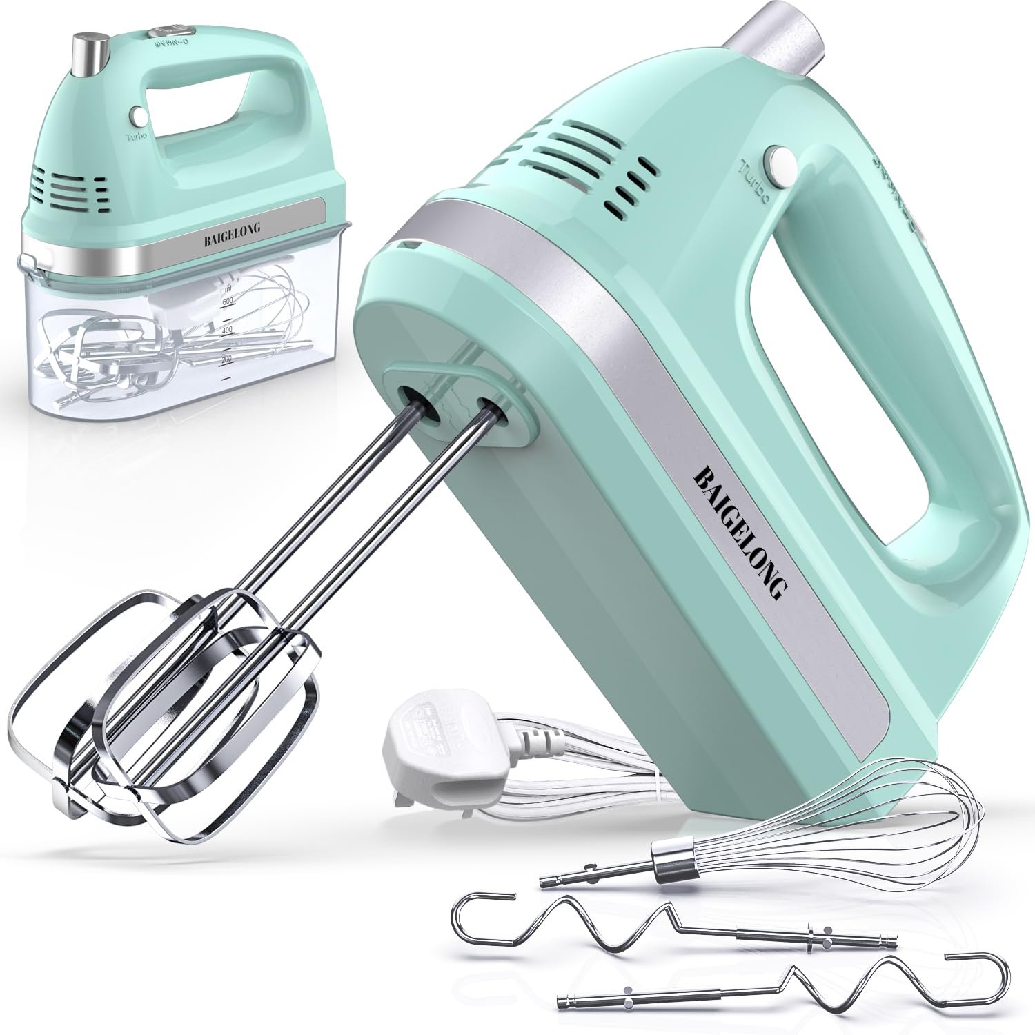 BAIGELONG Hand Electric Mixer, 300W Ultra Power Food Kitchen Mixer with 5 Self-Control Speeds + Turbo Boost, 5 Stainless Steel Attachments Handheld Blender for Baking, GREEN