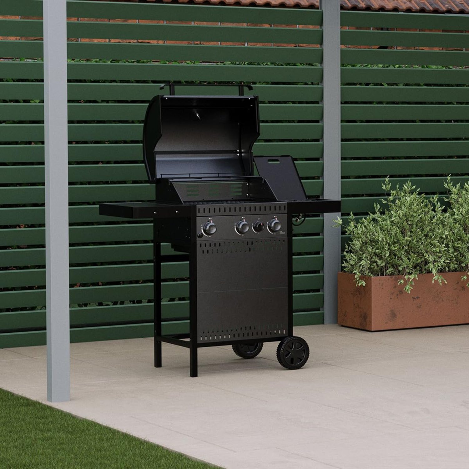 CHARLES BENTLEY ottimo 310 3-Burner Gas BBQ With Built-In Thermometer, Side Burner, Cast-Iron Cooking Grids, Side Burner, Matt-Grey Powder-Coated Finish & Easy-Move Trolley Design (116x58x110cm)