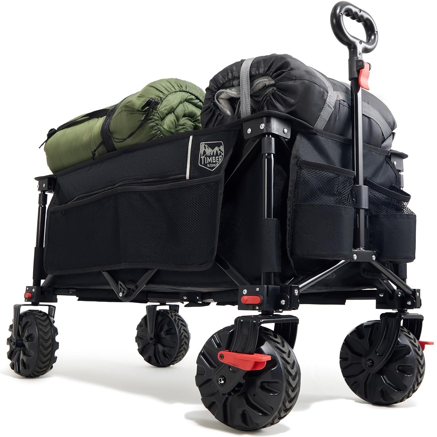 TIMBER RIDGE Festival Trolley on Wheels with Brakes, 200L Foldable Camping Trolley Cart with Adjustable Handle & Cover Bag, 100kg Heavy Duty Beach Cart Wagon for Outdoor Garden Picnic (Black)
