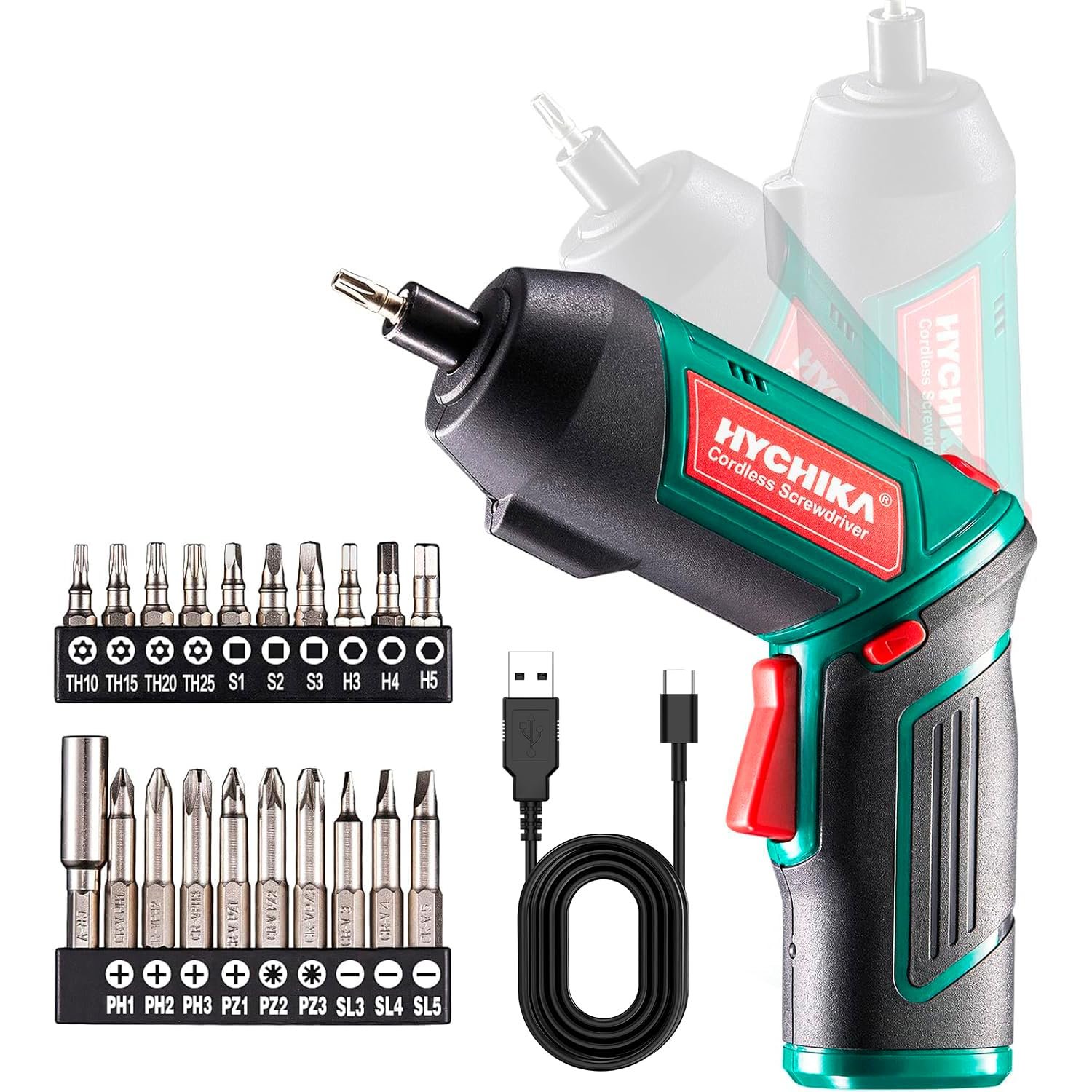 HYCHIKA Electric Screwdriver, 6N.m and 2000mAh 3.6V Cordless Screwdriver with 20 Accessories, Work Light, Charging Cable and Magnetic Chuck