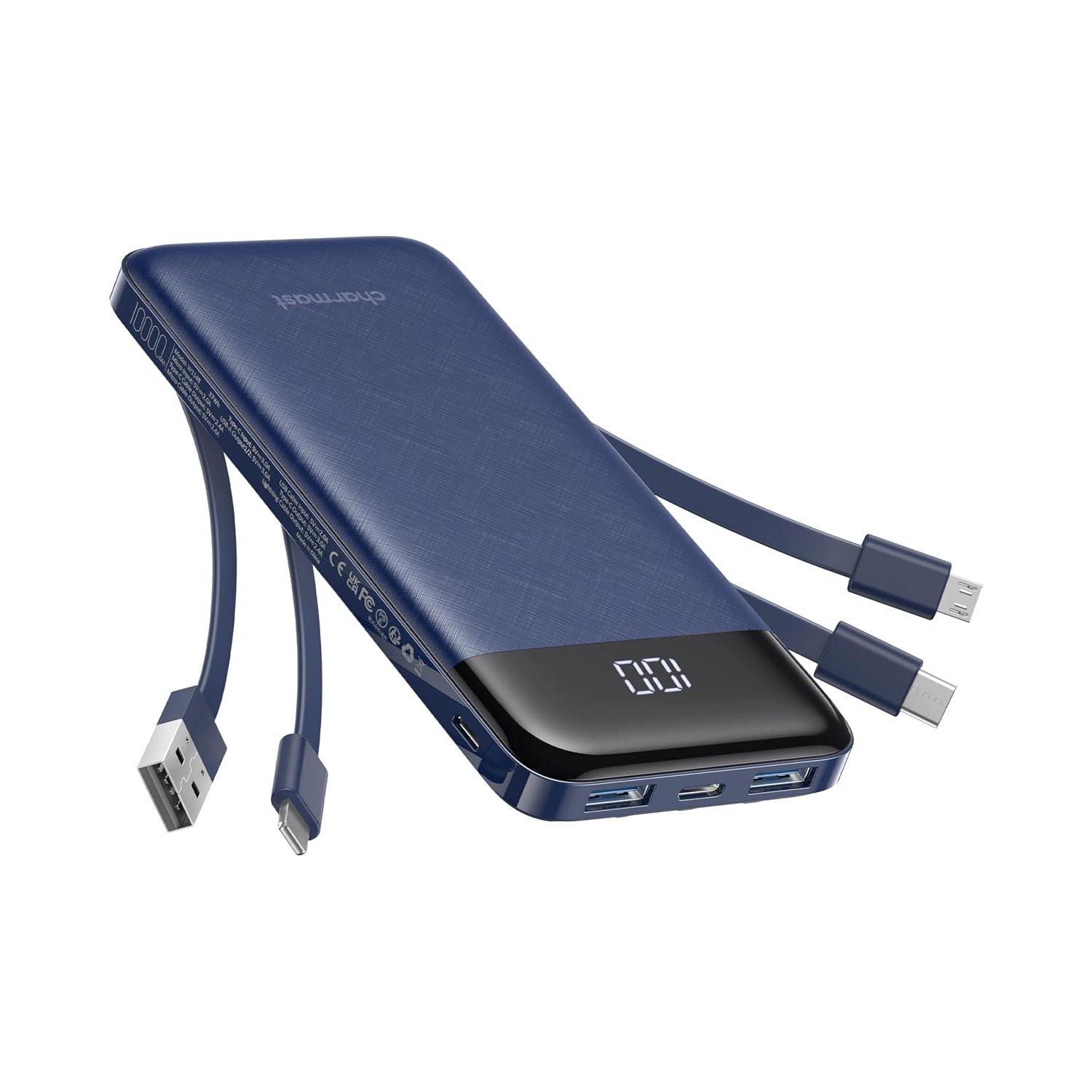Charmast Power Bank with Built in Cables X 4, USB C Battery pack 6 Outputs 3 Inputs with LED Display Type C Powerbank Portable Charger Compatible with Smartphones Tablets and More