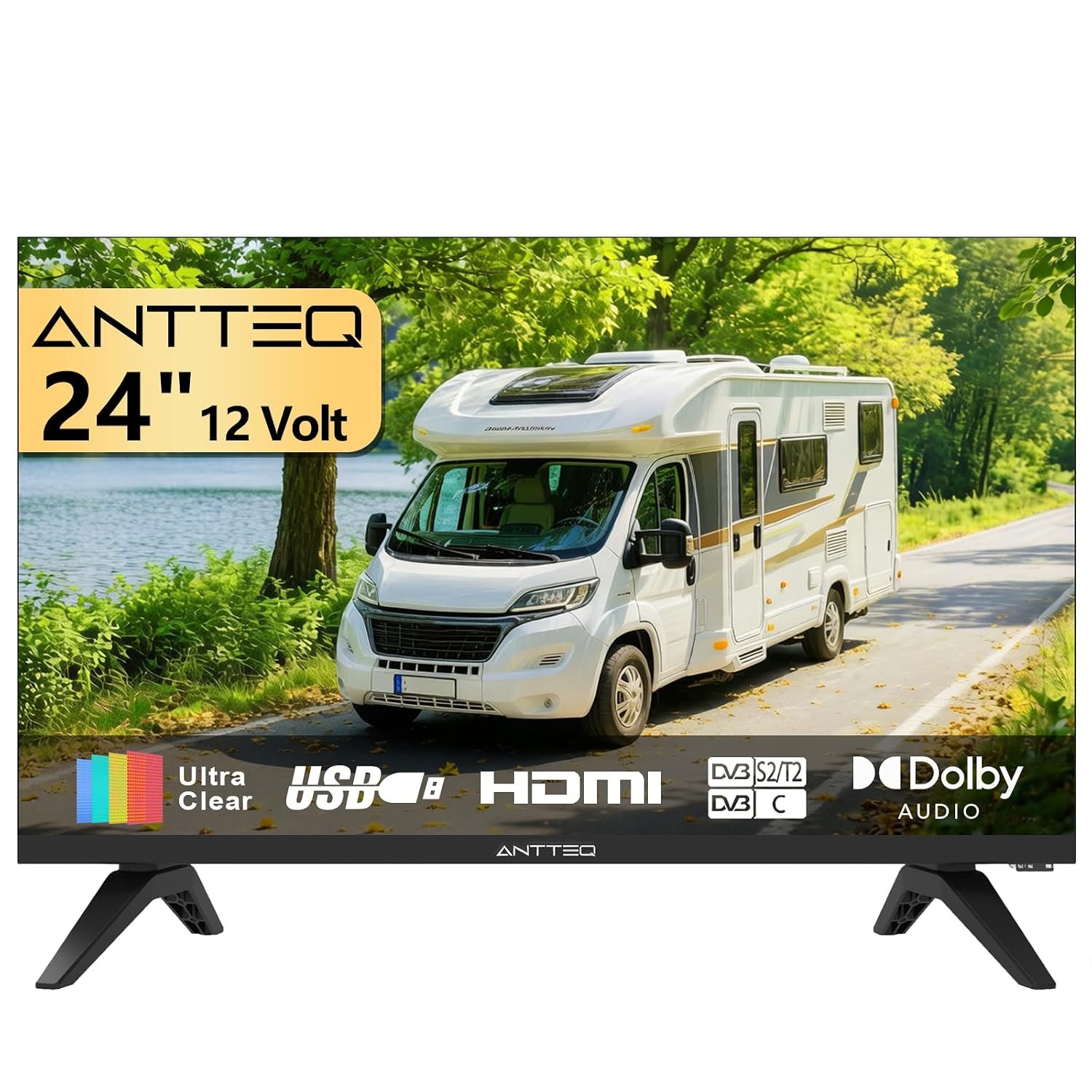 Antteq 24 inch 12 Volt HD TV, Bezel-less Design Frameless TV Freeview DVB-T2/C/S2 Dolby Audio, HDMI VGA PC SCART USB, Travel Small Screen TV for Motorhome and Campervan Caravans