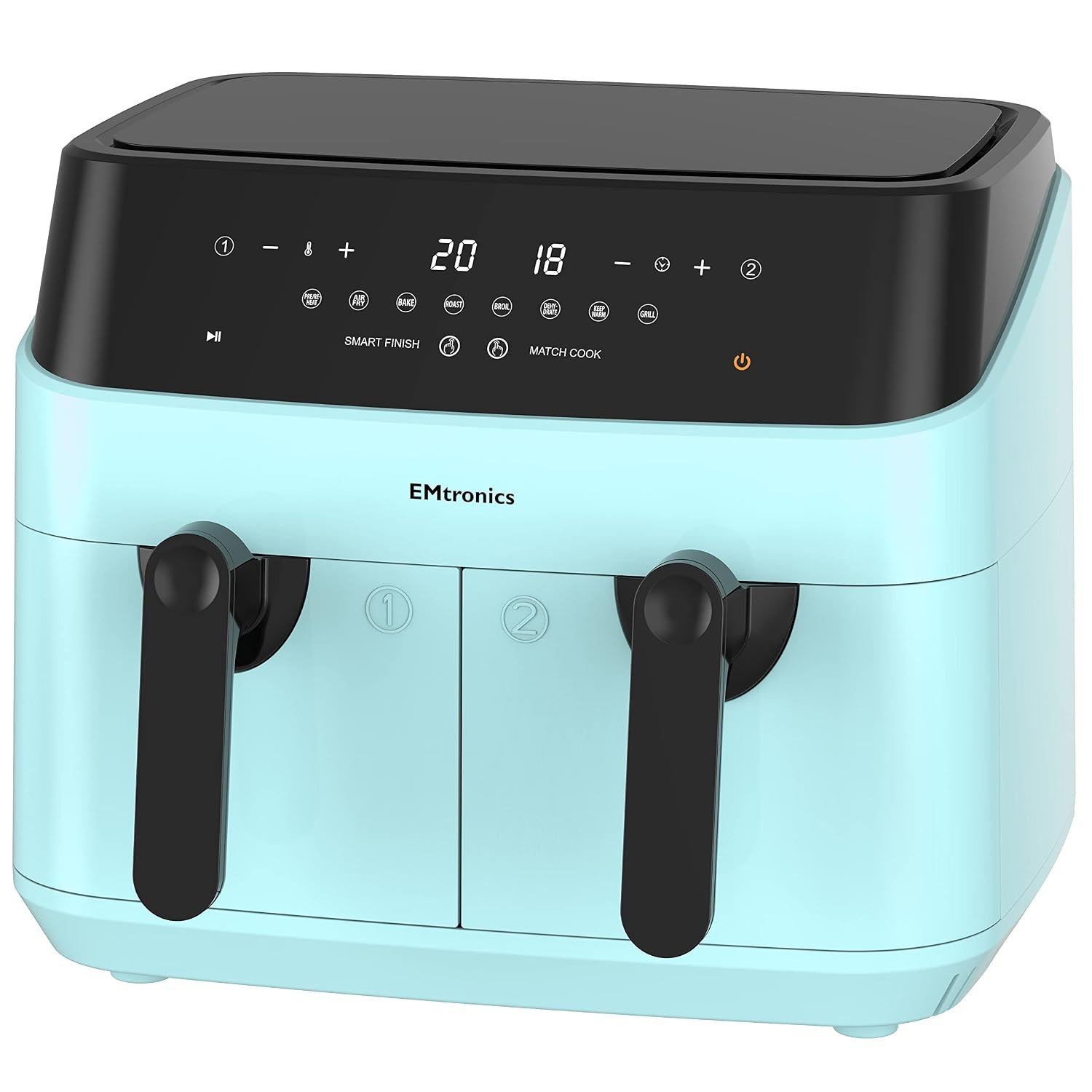 EMtronics EMAFDD9LAQ Dual Air Fryer Extra Large Family Size Double XL 9 Litre, 8 Adjustable Pre-Set Menus for Oil Free & Low Fat Healthy Cooking, Easy Clean Metal Interior, 99-Minute Timer - Aqua Blue