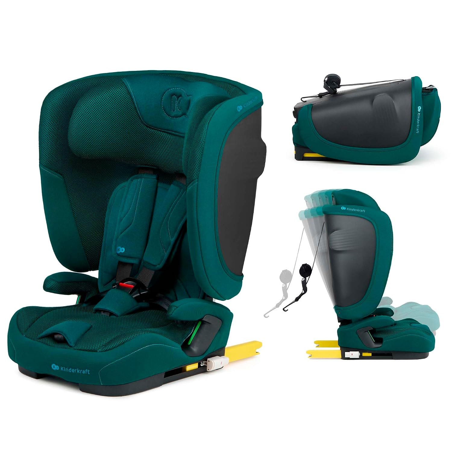 Kinderkraft FIX2GO car seat i-Size 76-150 cm (15M-12J), Foldable, Carrying Handle, ISOFIX+Top Tether, SAFERIDE Sensor, SPS+, H-Guard+, 5-Position Reclining, Air Flow, Washable Cover, Green