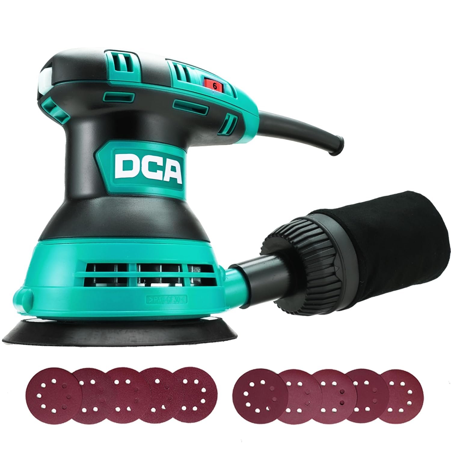 DCA Random Orbital Sander, 300W 12000 OPM Electric Sander with Dust Collection, 125MM Hand Electric Tool, 6 Variable Speeds, 10pcs Sandpapers for Woodworking,Sanding, Polishing, DIY, Home Improvements
