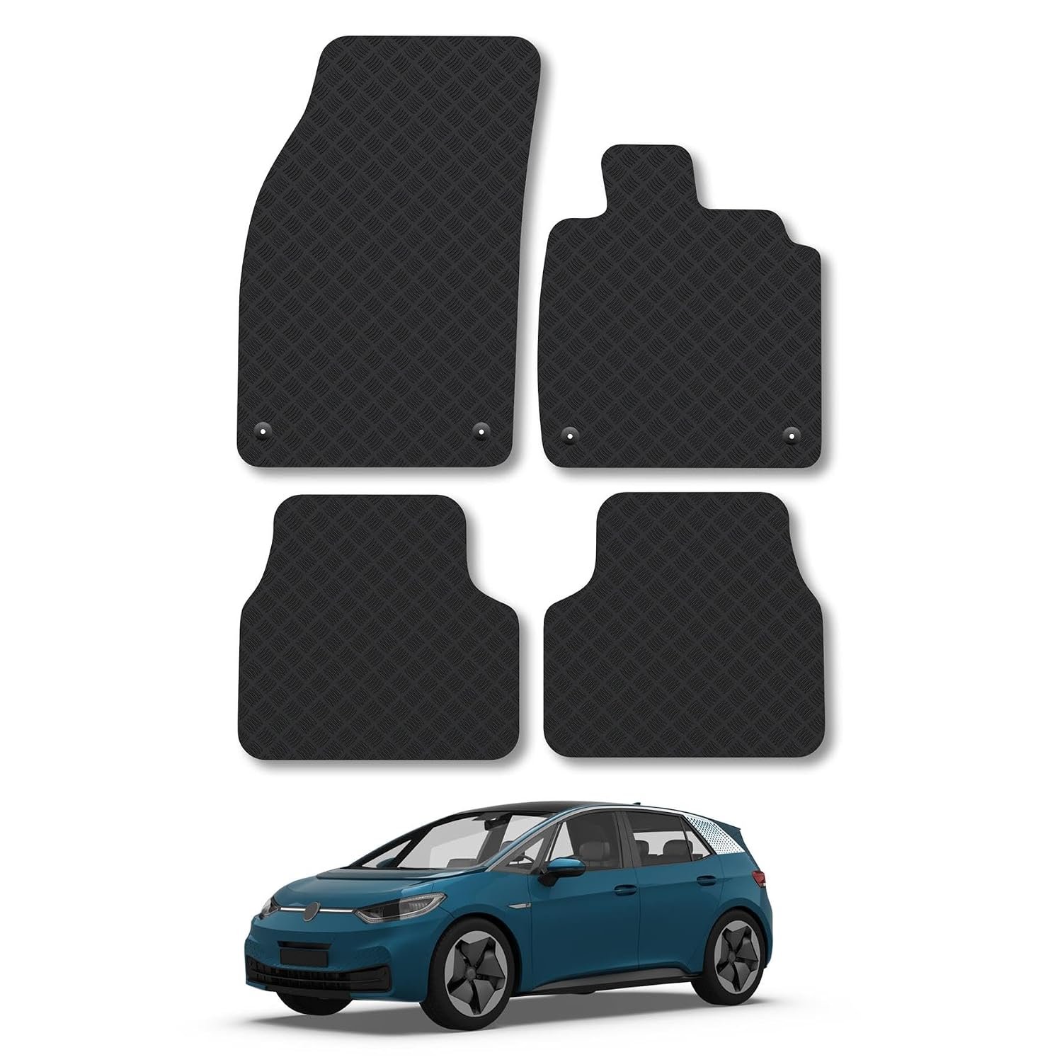 VW ID.3 (2019+) Rubber Car Mats Accessories Tailored Fit Compatible Accessory Waterproof Protection Non-Slip Floor Mats Full Coverage Durable Front Rear Set Coverage with Clips