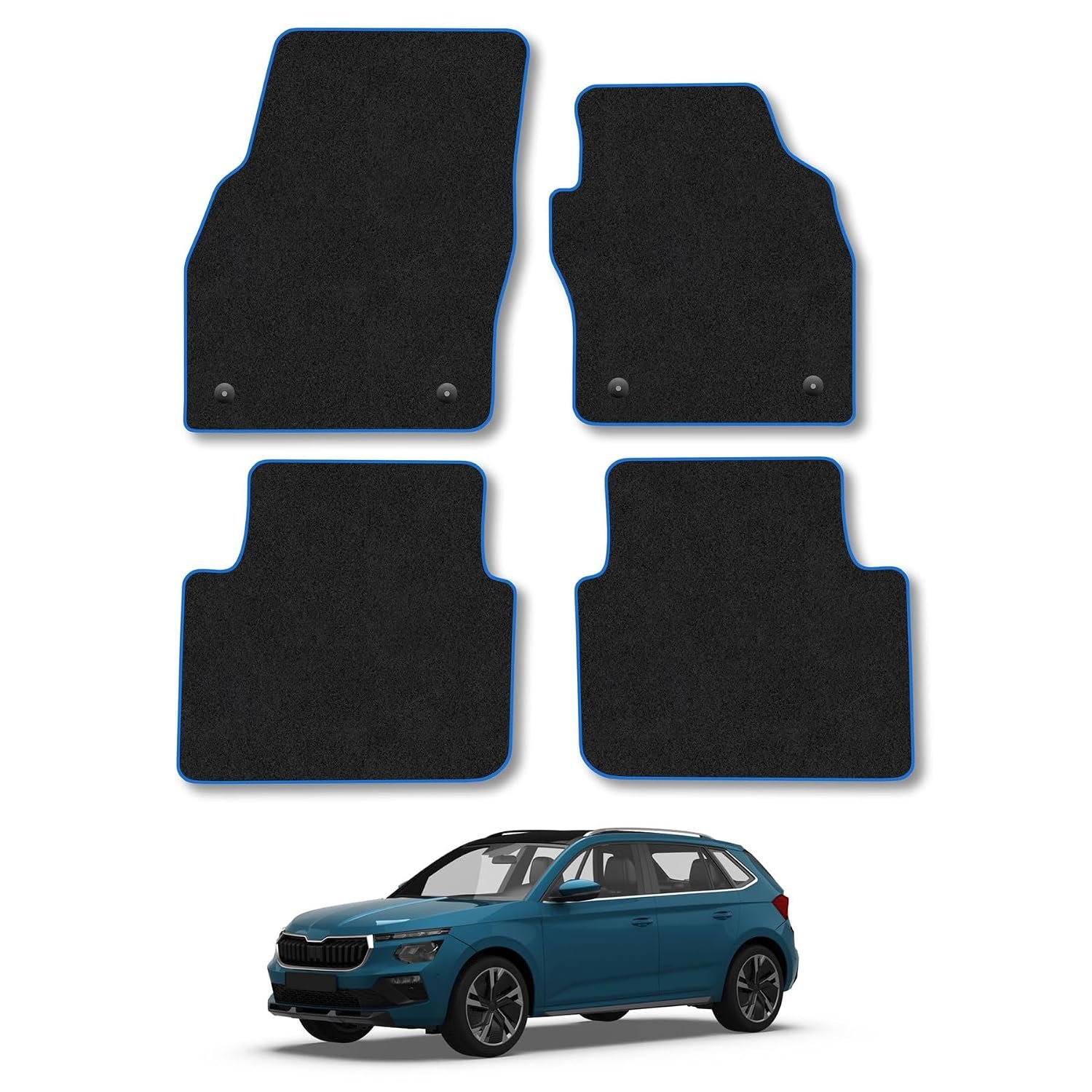 Skoda Kamiq (2017+) Car Mats Accessories Tailored Fit Carpet Floor Mats Non Slip Blue Trim Full Coverage Compatible Accessory Granulated Backing Front Rear Set Anti Slip Hand-Finished Clips