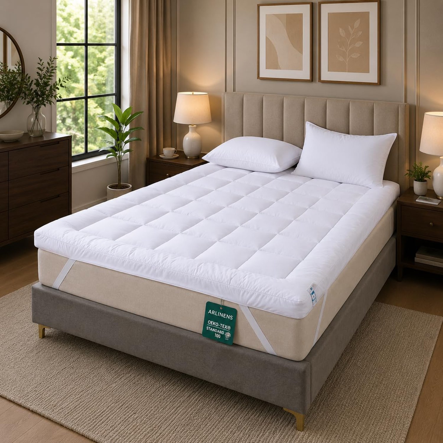 Arlinens Mattress Topper Double Bed 5cm Thick, Hotel Quality Box Stitched Microfibre Mattress Topper Super soft Anti Allergy Quilted Mattress Topper with Strong Elastic Straps (Double,137Cm X190cm)